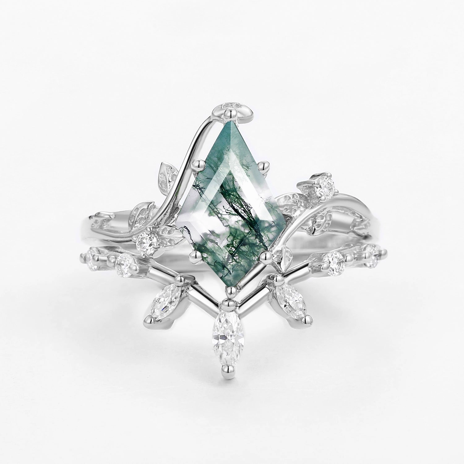 Moss Agate Leafy Marquise Engagement Ring Set 2pcs Bold Moment Cozy Style