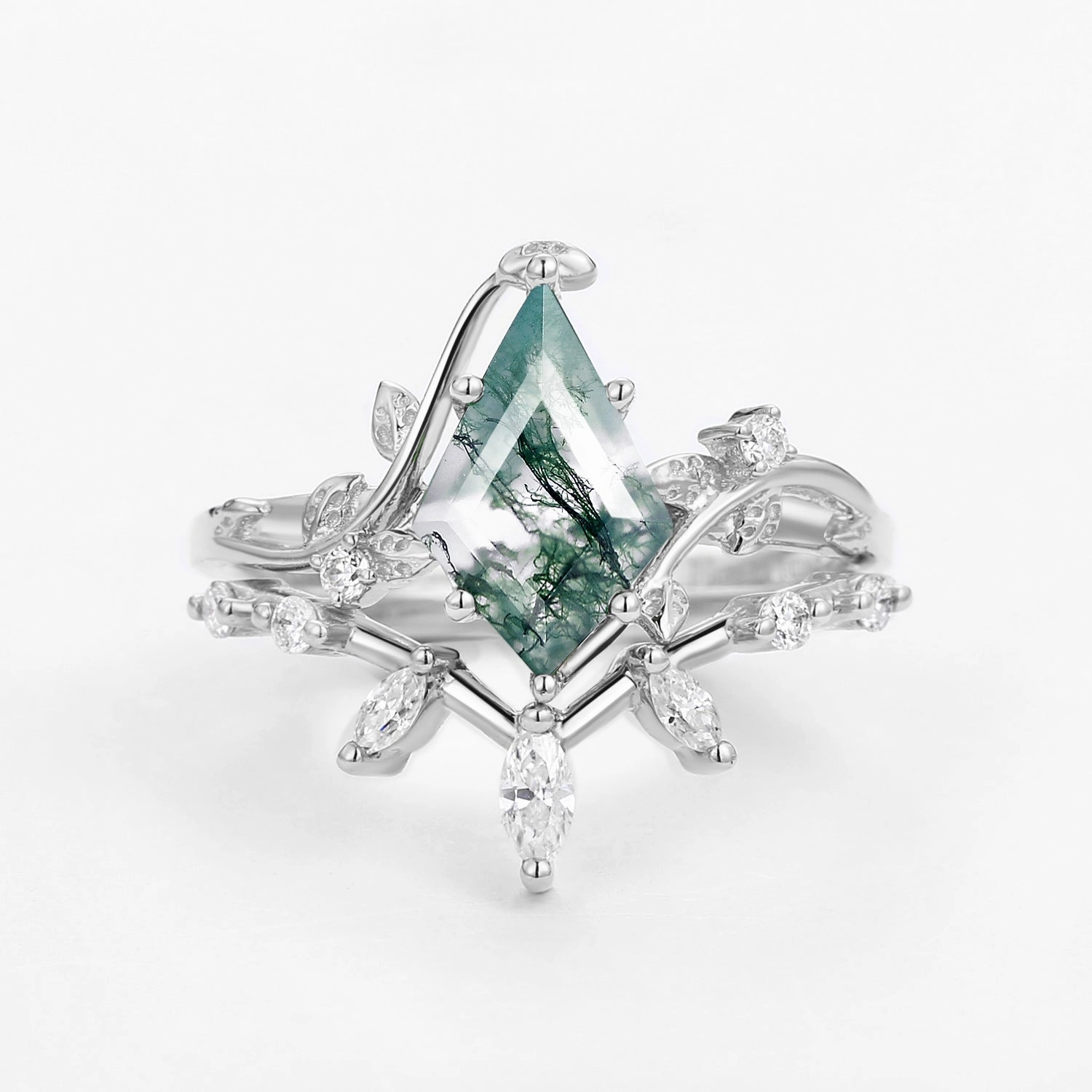 Moss Agate Leafy Marquise Engagement Ring Set 2pcs Exclusive Jewelry
