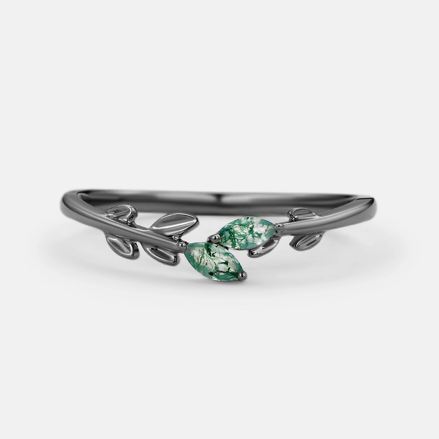 Polished Mood Lustrous Feature Moss Agate Marquise Cut Leafy Wedding Band Gold Ring