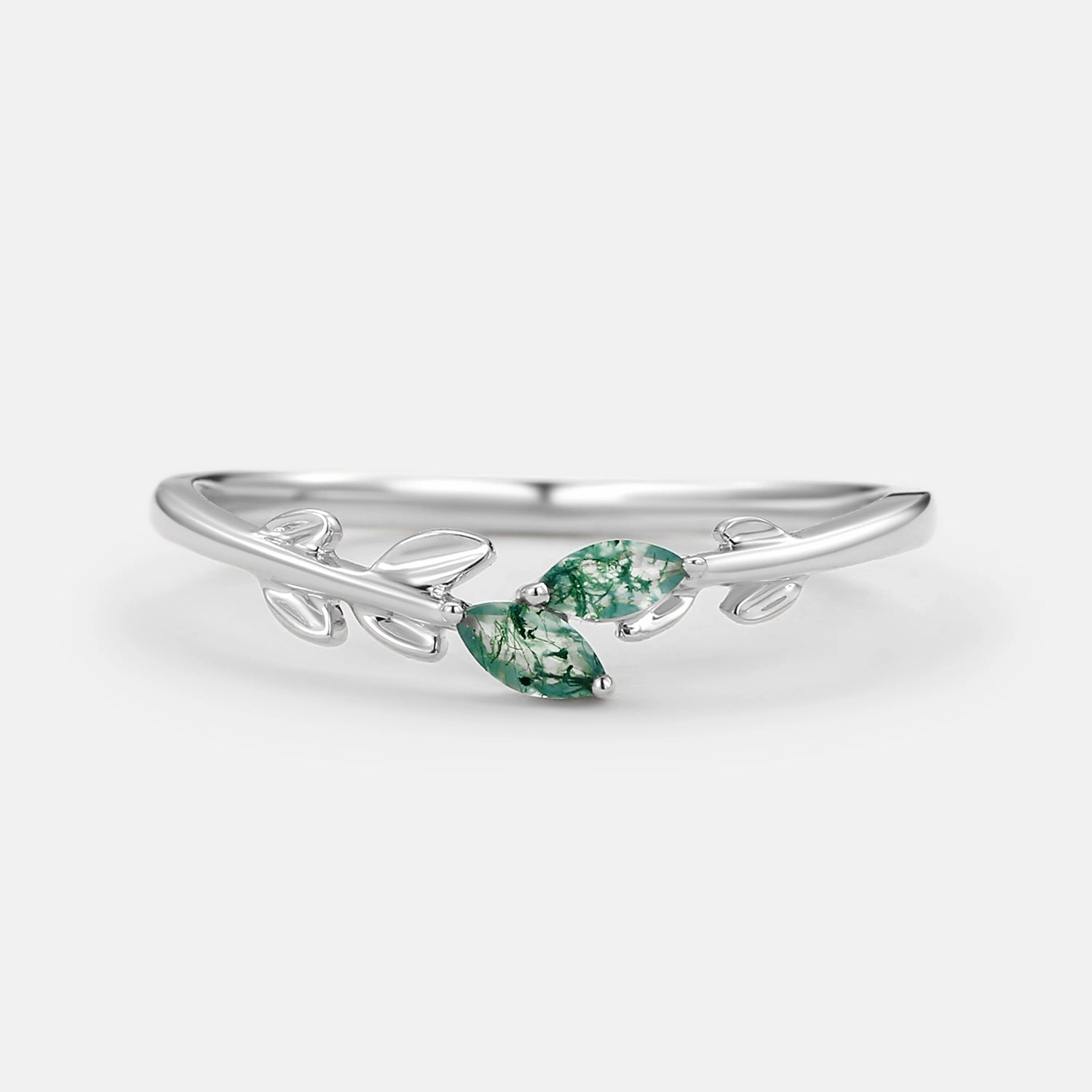 Star Detail Sleek Detailing Moss Agate Marquise Cut Leafy Wedding Band Gold Ring