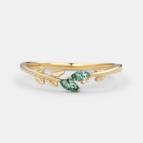 Dazzling Edge Elegant Detailing Moss Agate Marquise Cut Leafy Wedding Band Gold Ring