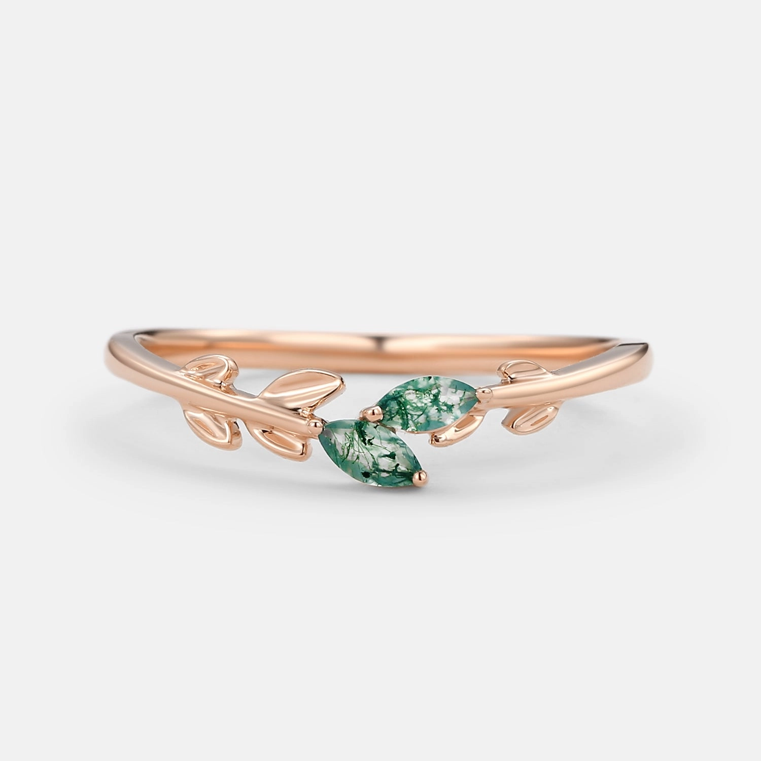 Moss Agate Marquise Cut Leafy Wedding Band Gold Ring Custom Touch