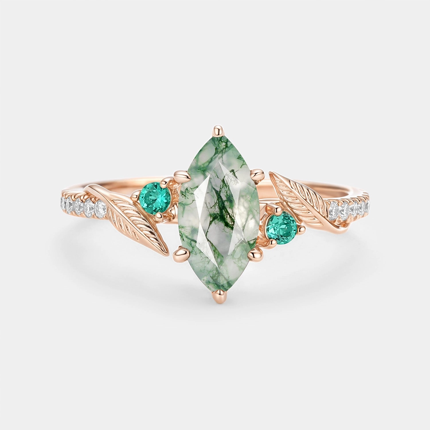 Simple Look Casual Wear Moss Agate Marquise Leafy Vintage Engagement Ring - Aspen