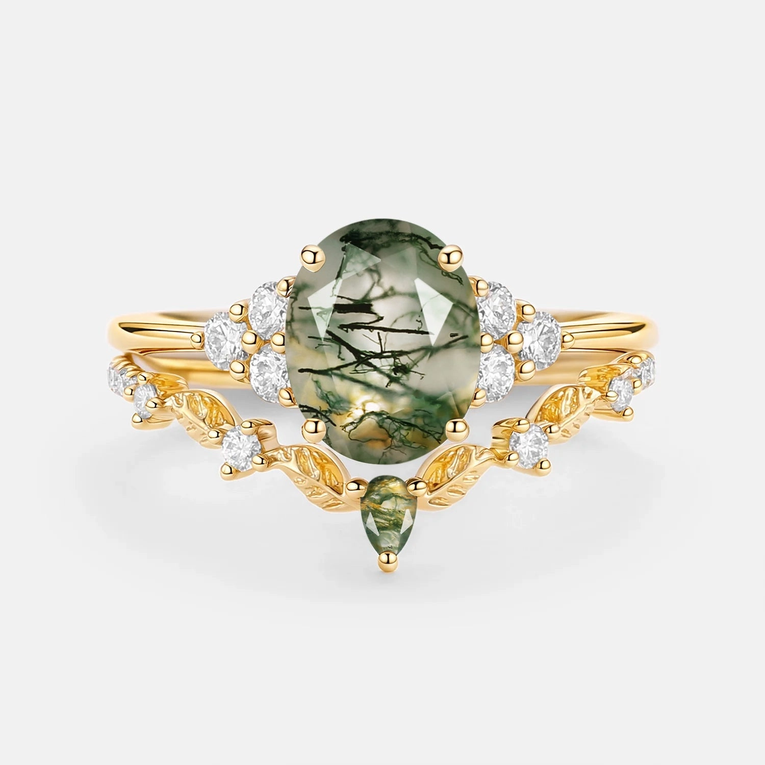 Moss Agate Oval Cut Leaf Ring Set 2pcs - Thalyn Everyday Glam