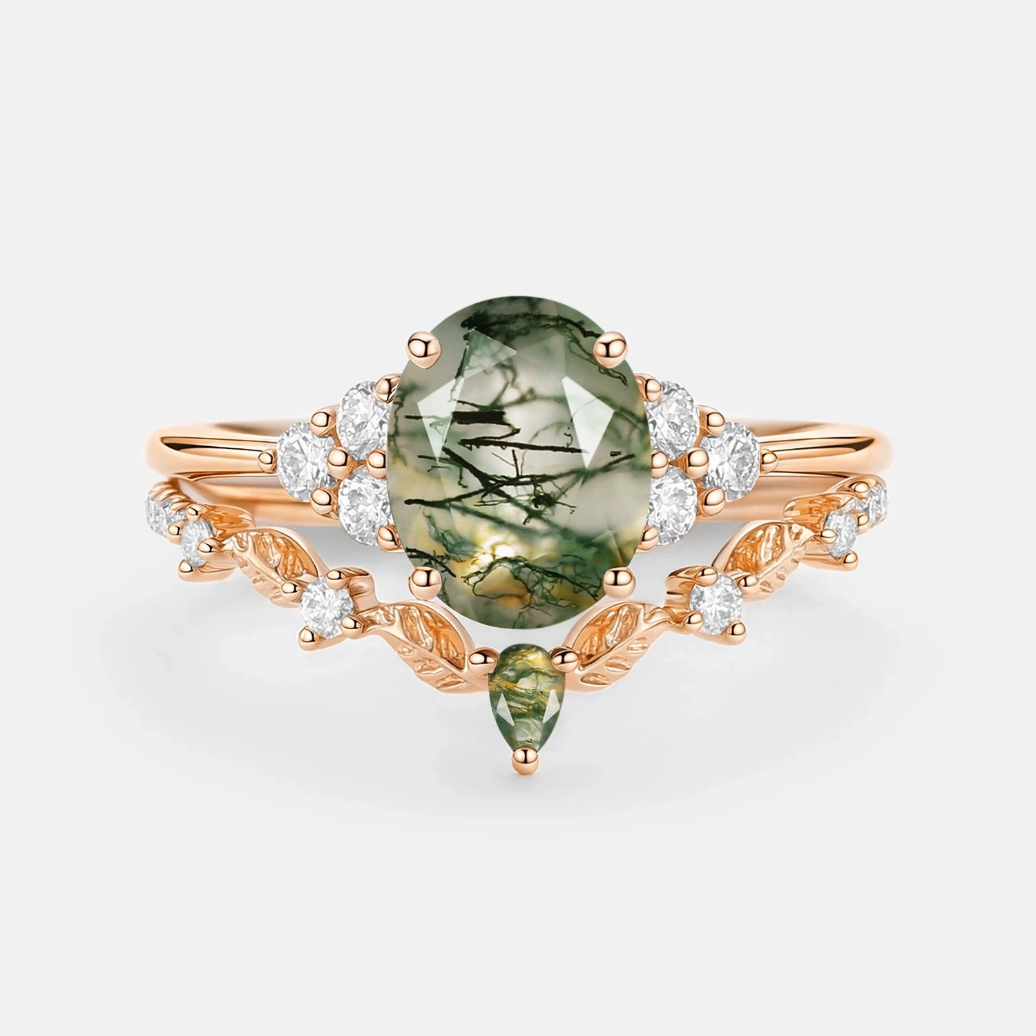 Lustrous Feature Moss Agate Oval Cut Leaf Ring Set 2pcs - Thalyn