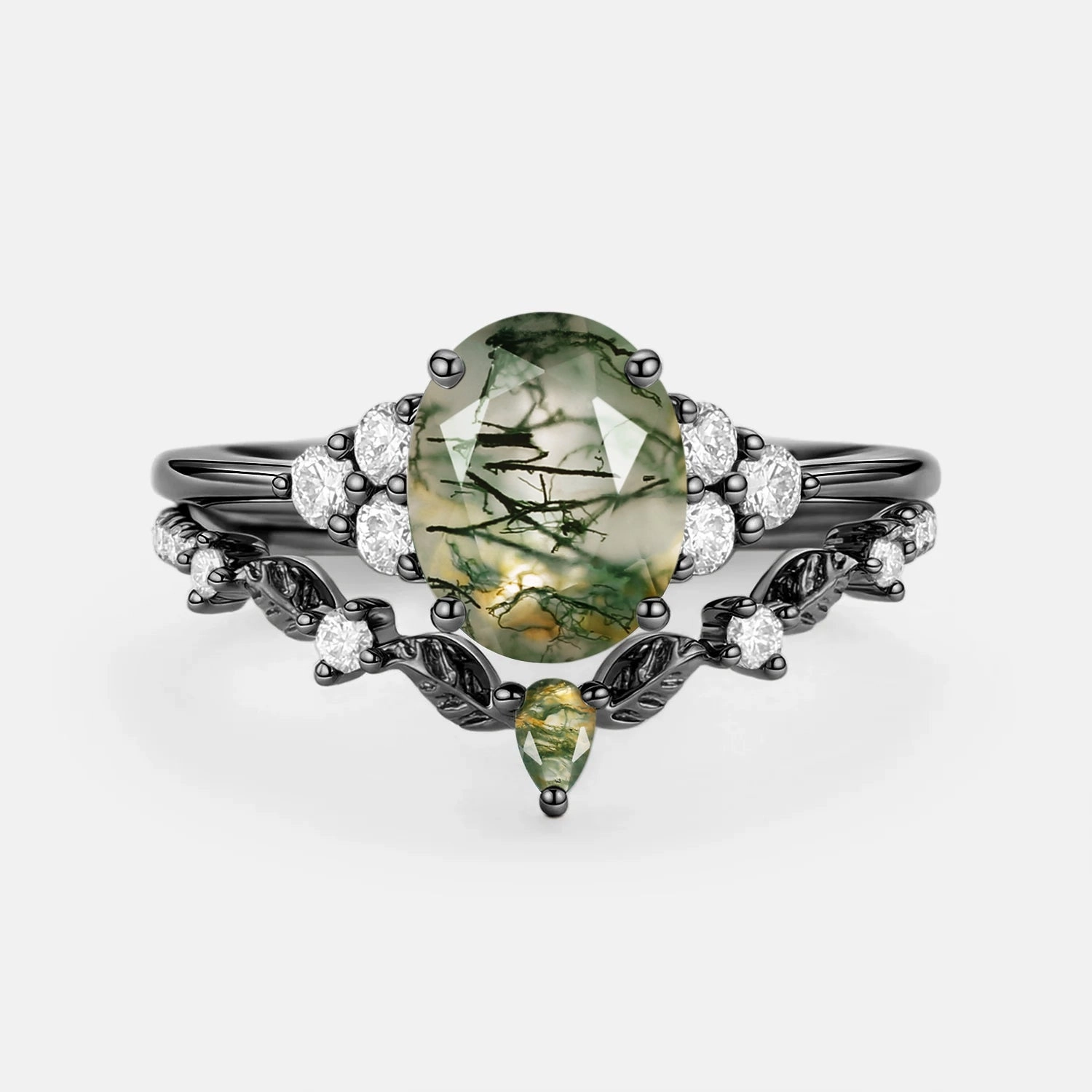 Moss Agate Oval Cut Leaf Ring Set 2pcs - Thalyn Convenient Appearance