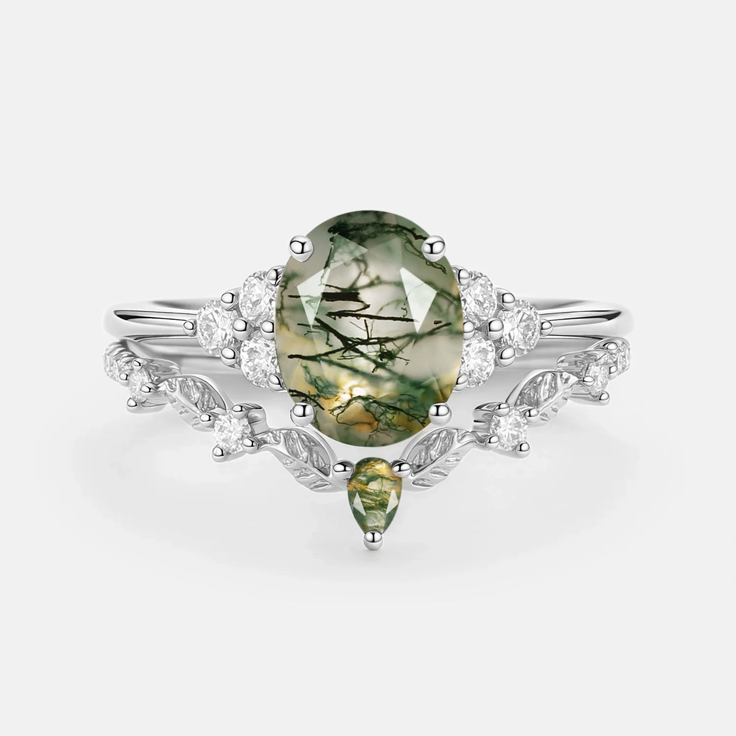 Moss Agate Oval Cut Leaf Ring Set 2pcs - Thalyn Bold Present Value Ornament