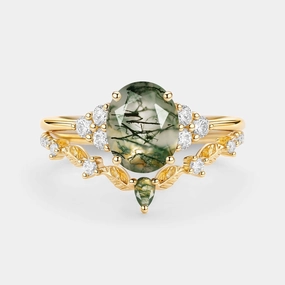 Moss Agate Oval Cut Leaf Ring Set 2pcs - Thalyn Everyday Glam