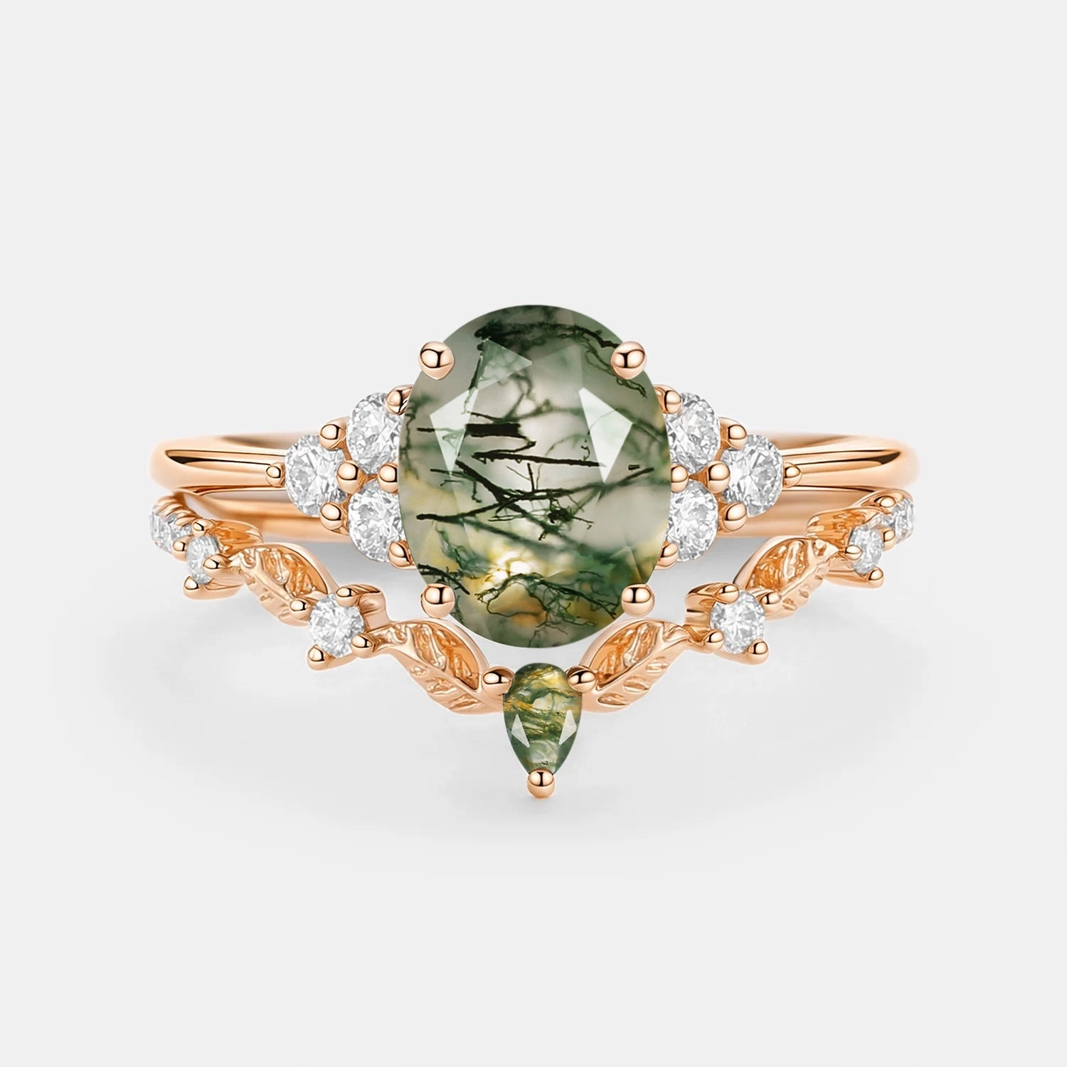 Moss Agate Oval Cut Leaf Ring Set 2pcs - Thalyn Meaningful Piece Top Rated