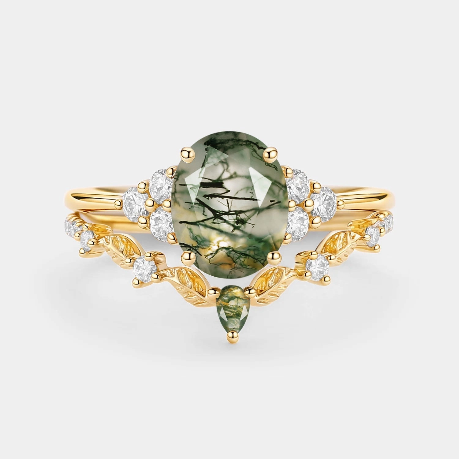 Moss Agate Oval Cut Leaf Ring Set 2pcs - Thalyn Fashion Treat Value Expression