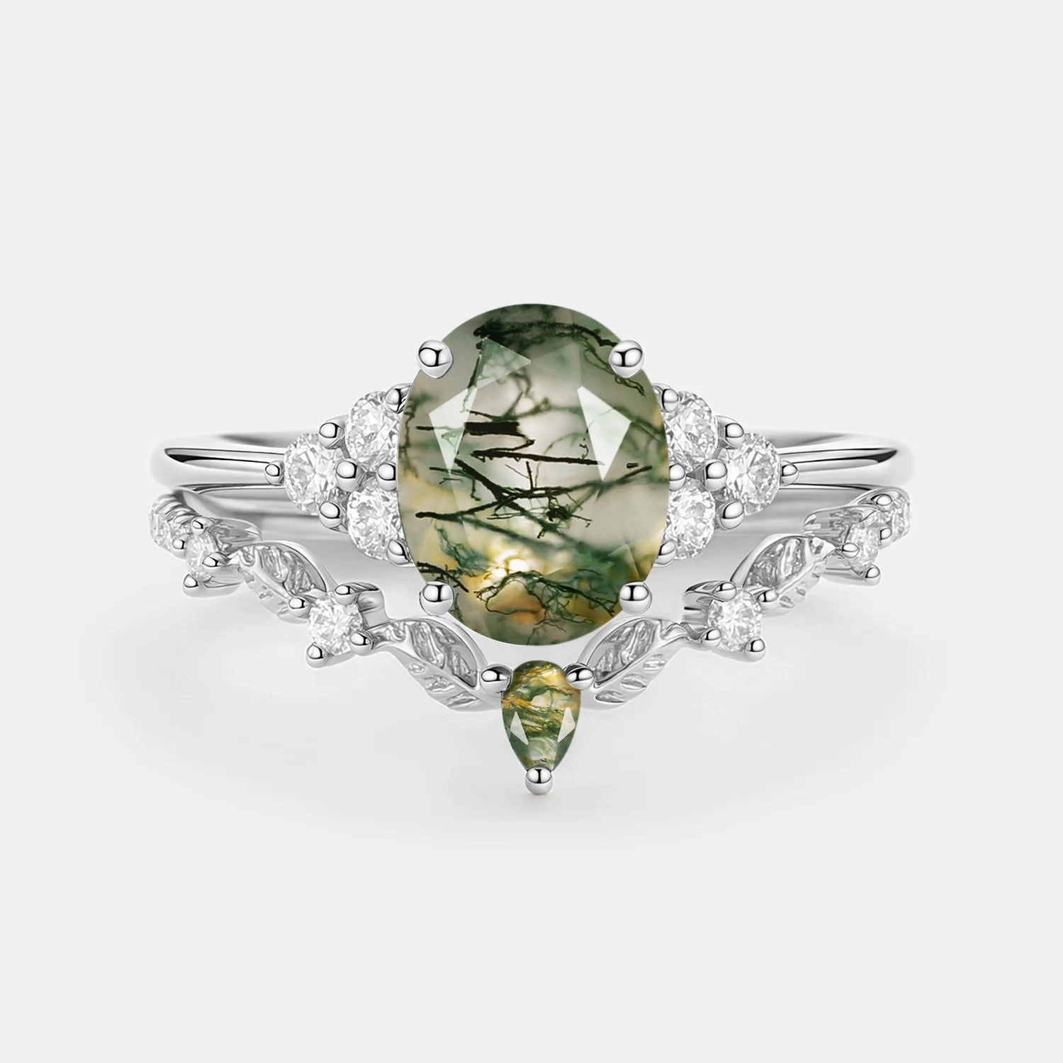 Moss Agate Oval Cut Leaf Ring Set 2pcs - Thalyn Chic Set