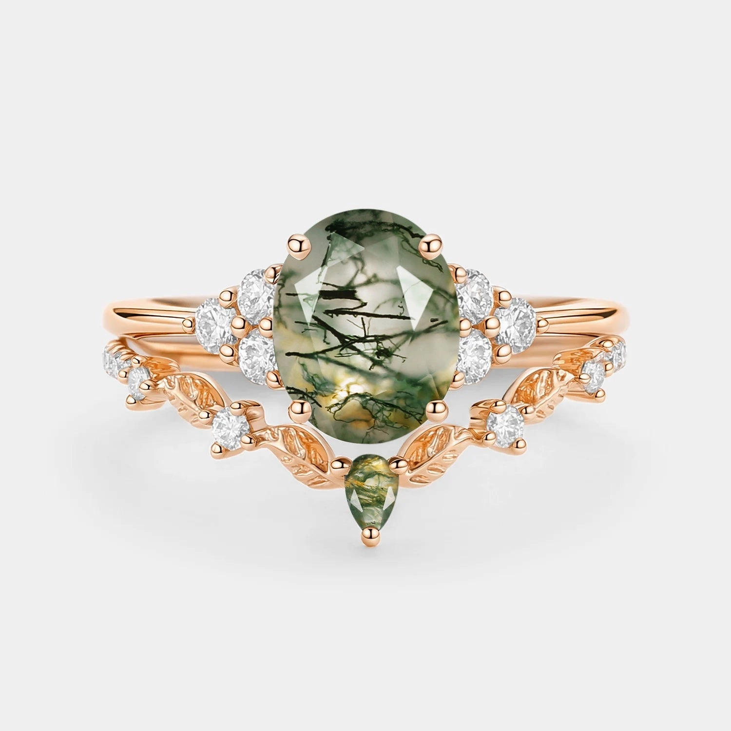 Timeless Product Victorian Era Moss Agate Oval Cut Leaf Ring Set 2pcs - Thalyn