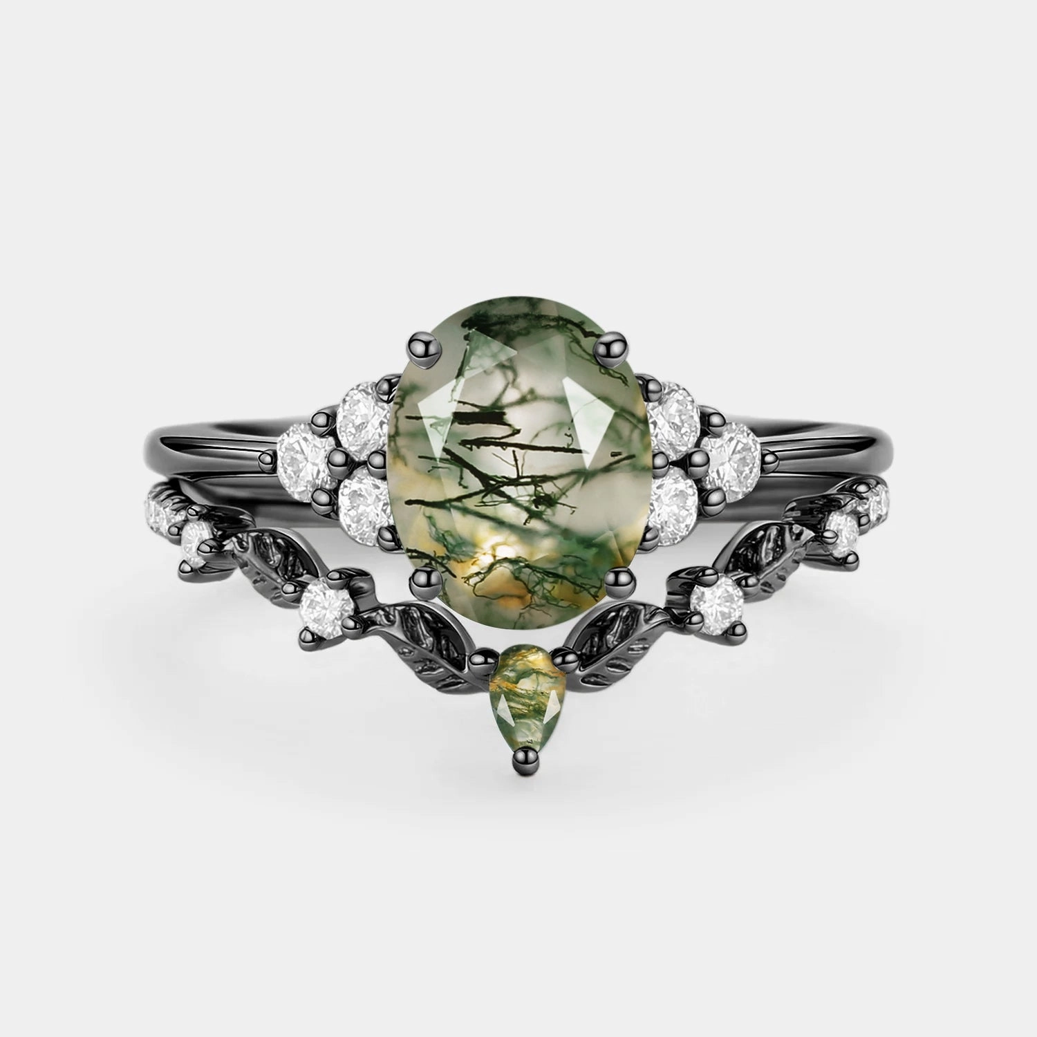 Heirloom Quality Moss Agate Oval Cut Leaf Ring Set 2pcs - Thalyn