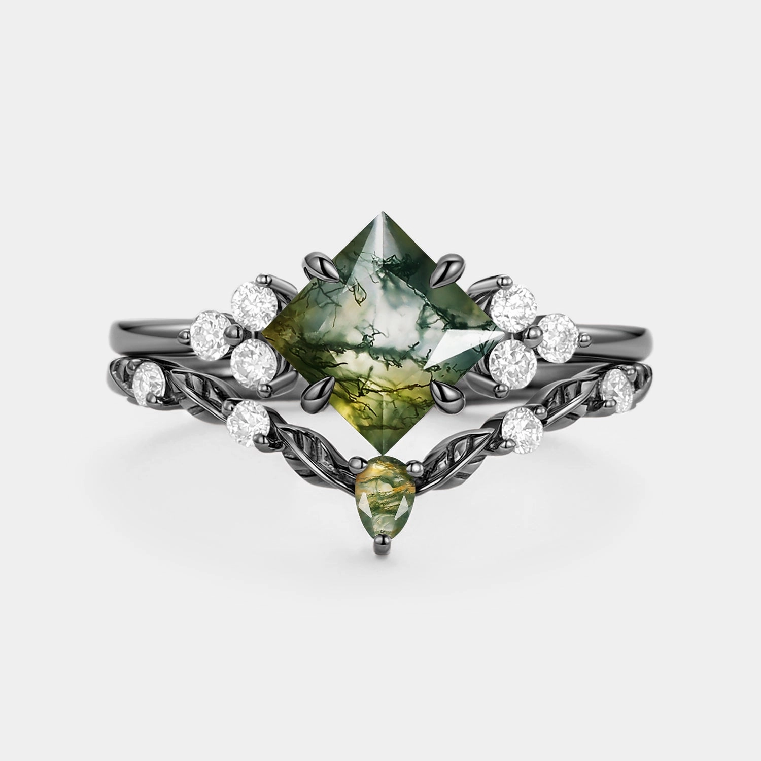 Refined Jewelry Moss Agate Princess Cut Cluster Engagement Ring Set - Kai