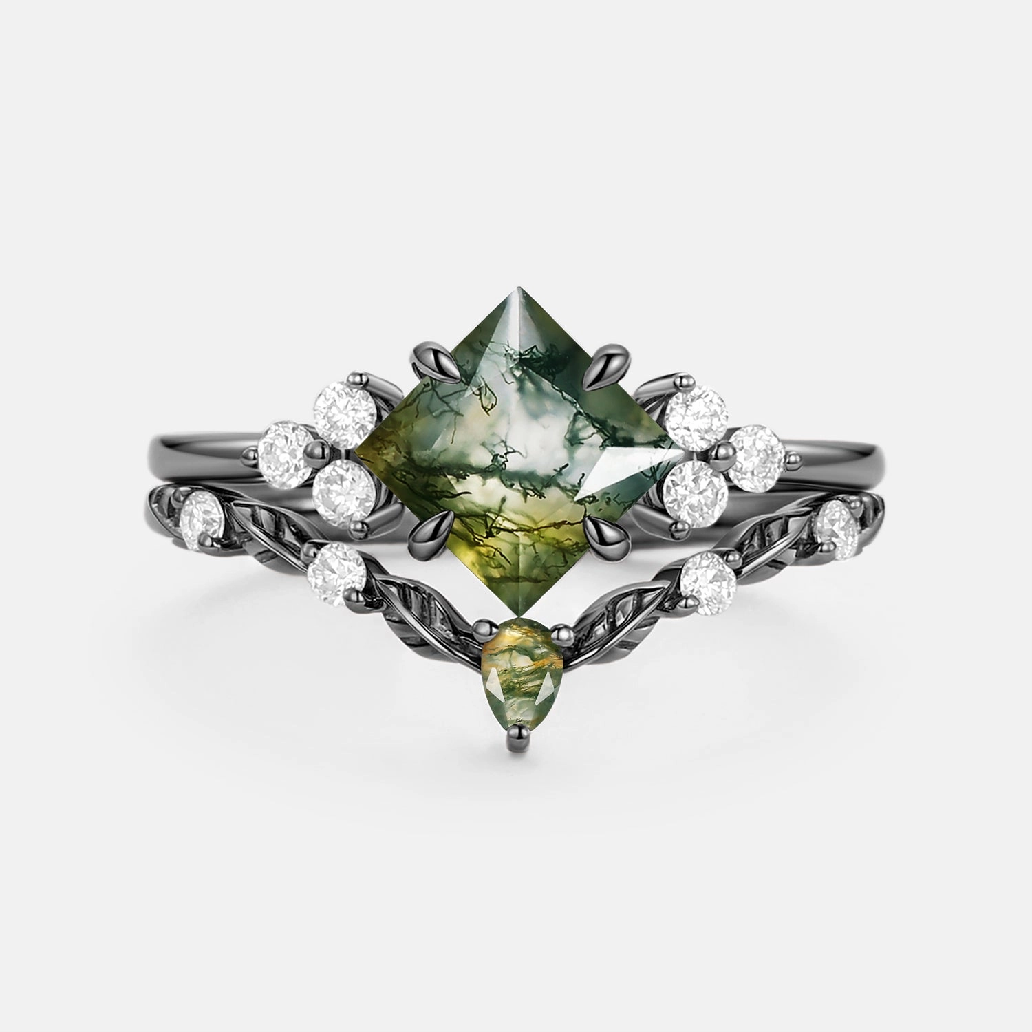 Moss Agate Princess Cut Cluster Engagement Ring Set - Kai Brand Name