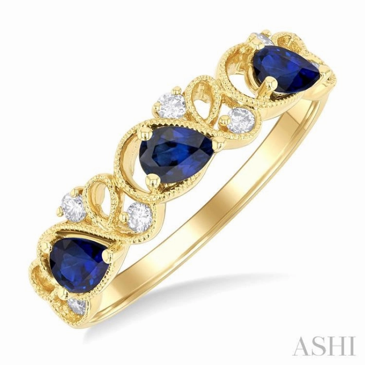 Model Jewelry Winter Gift 4x3 MM Pear Cut Sapphire and 1/10 ctw Lattice Round Cut Diamond Precious Band in 14K Yellow Gold