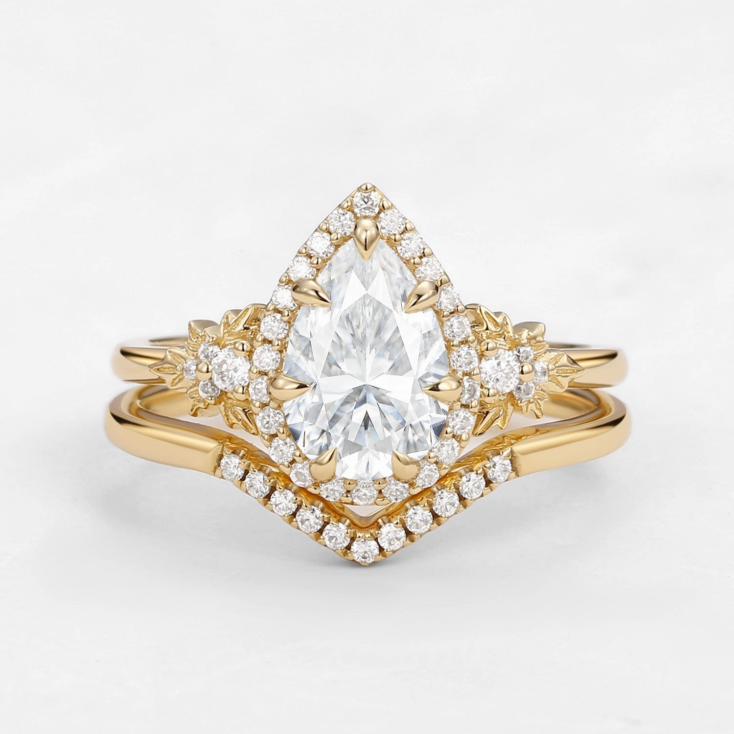 Crisp Look 1.5ct Pear Moissanite Maple Leafy Halo Infinity Ring Set 2pcs - Tara