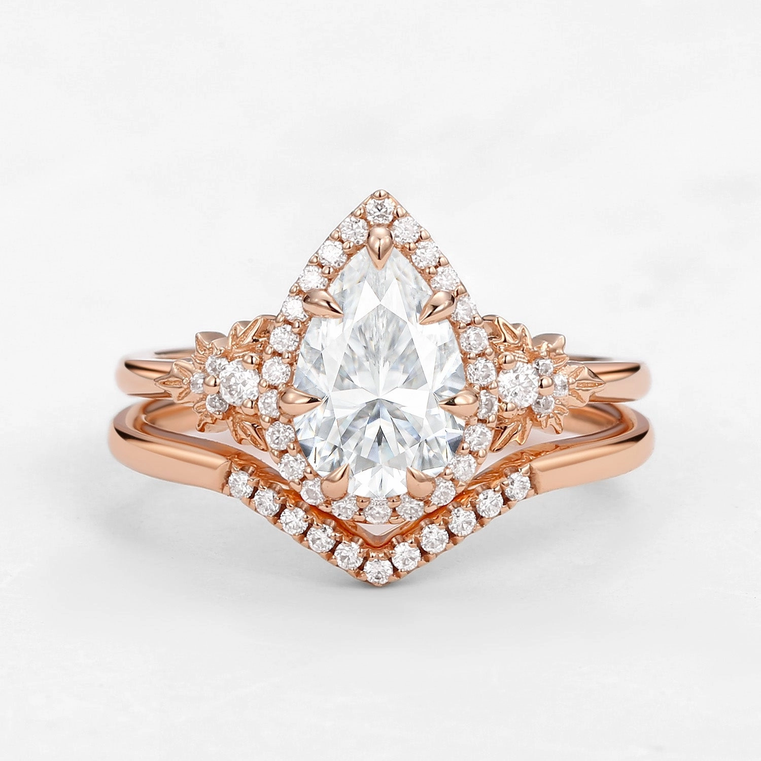 fashion lover 1.5ct Pear Moissanite Maple Leafy Halo Infinity Ring Set 2pcs - Tara