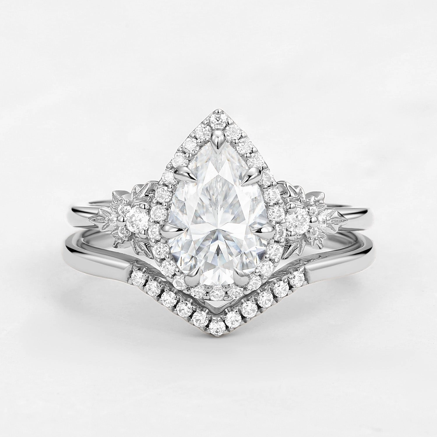 Fantastic Accessory Sturdy Construction 1.5ct Pear Moissanite Maple Leafy Halo Infinity Ring Set 2pcs - Tara