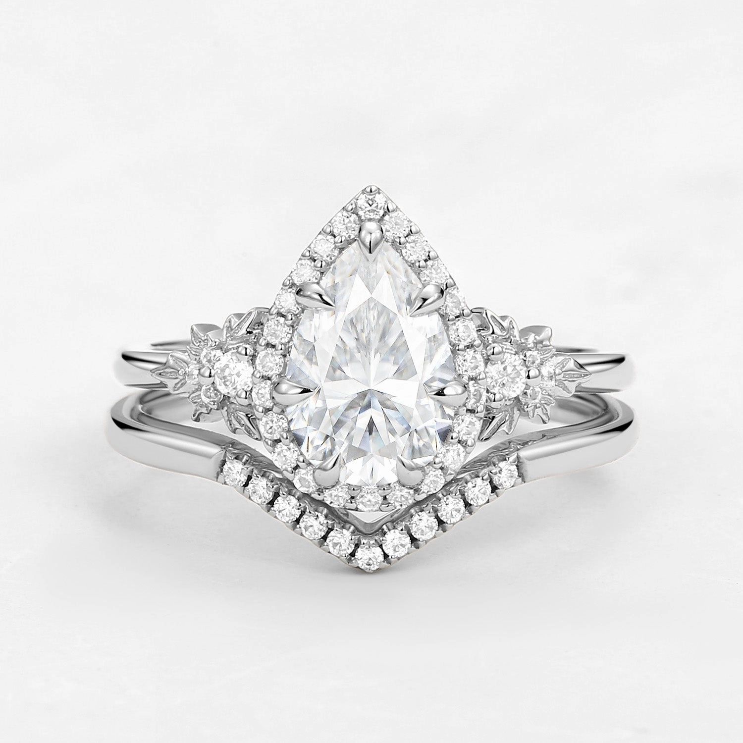 Custom Feel Gleaming Shine 1.5ct Pear Moissanite Maple Leafy Halo Infinity Ring Set 2pcs - Tara