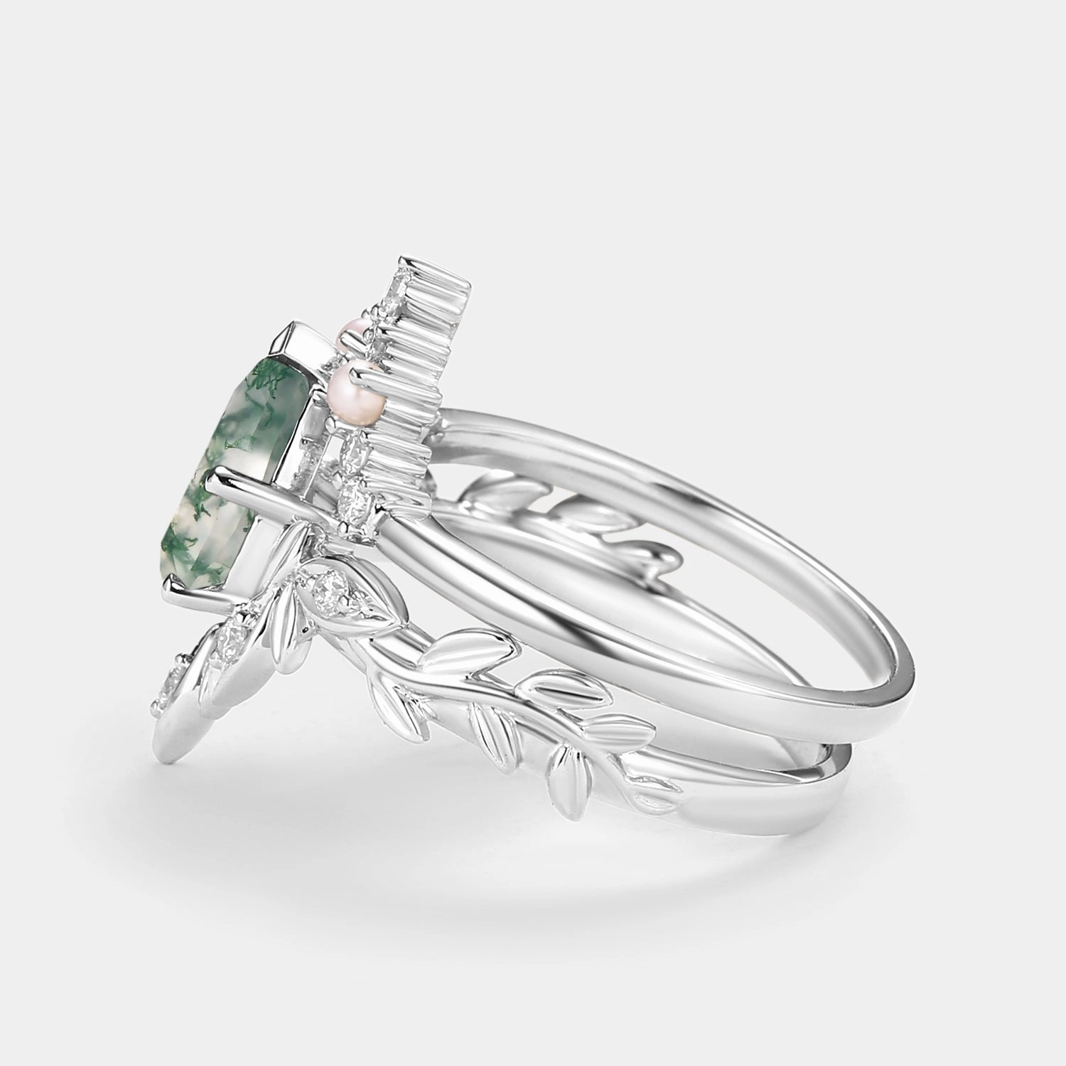 Creative Art Pear Cut Leafy Nature Inspired Moss Agate & Pearl Ring Set 2pcs
