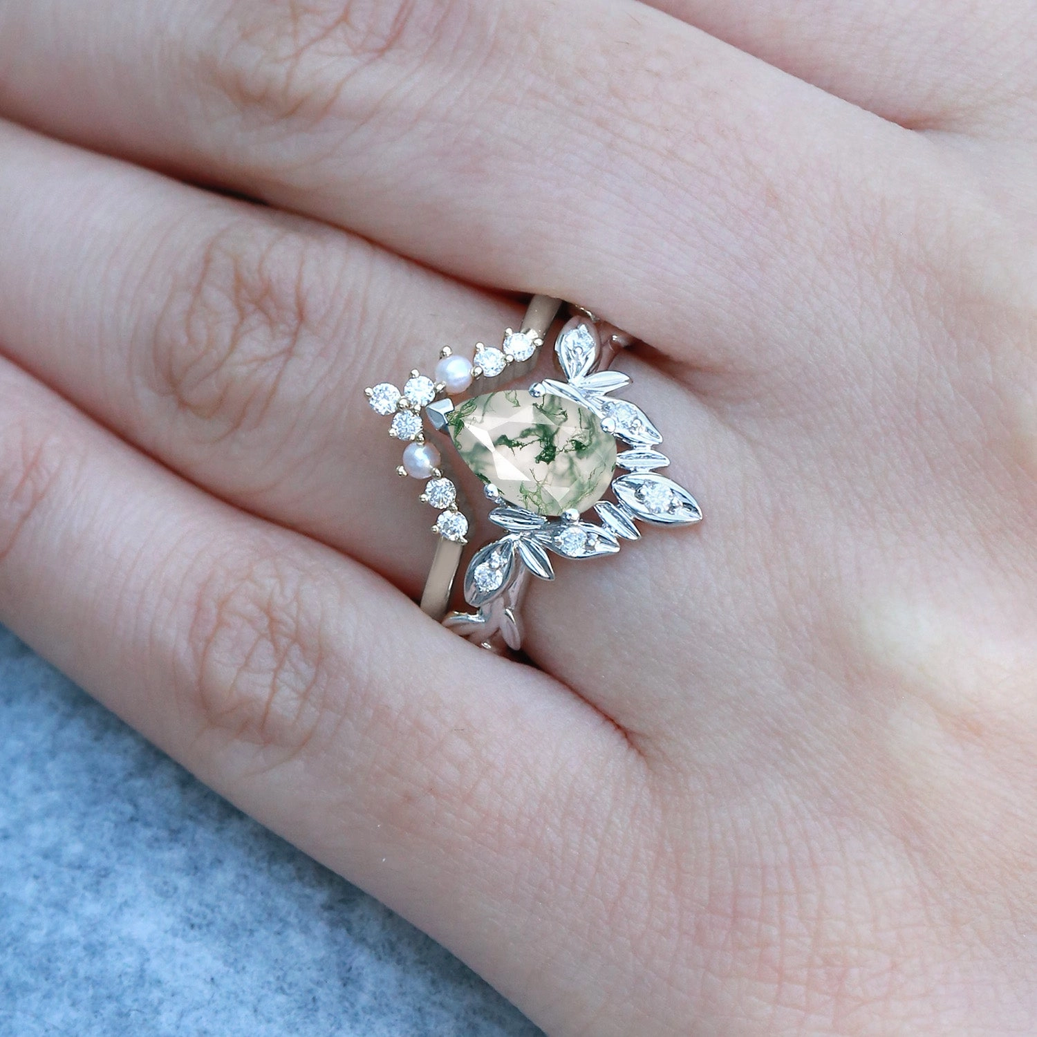 Pear Cut Leafy Nature Inspired Moss Agate & Pearl Ring Set 2pcs Artisan Article