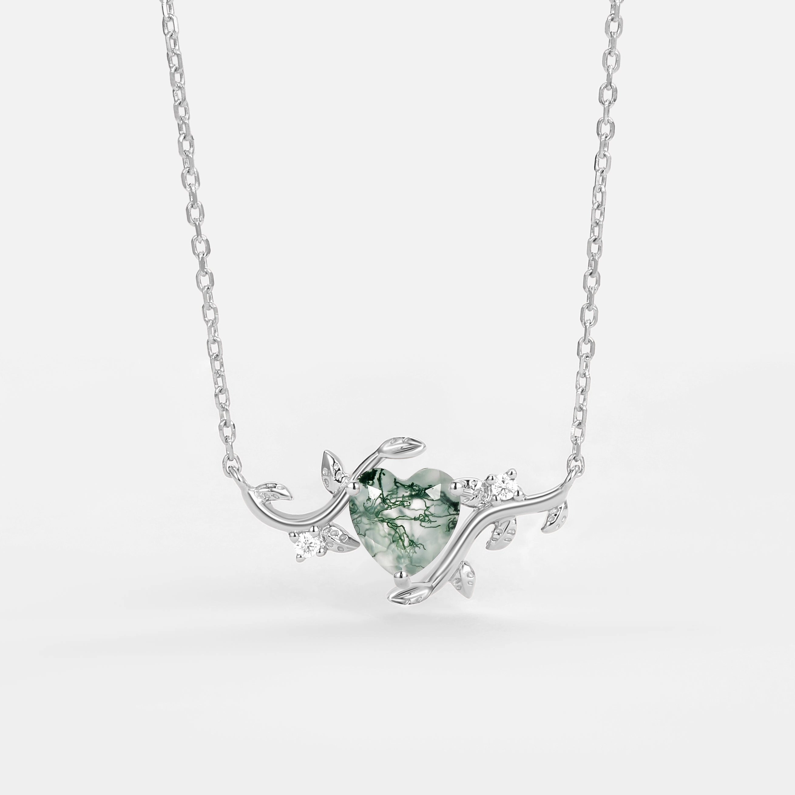 Refined Detail Natural Inspired Heart Moss Agate Leafy Necklace - Willow