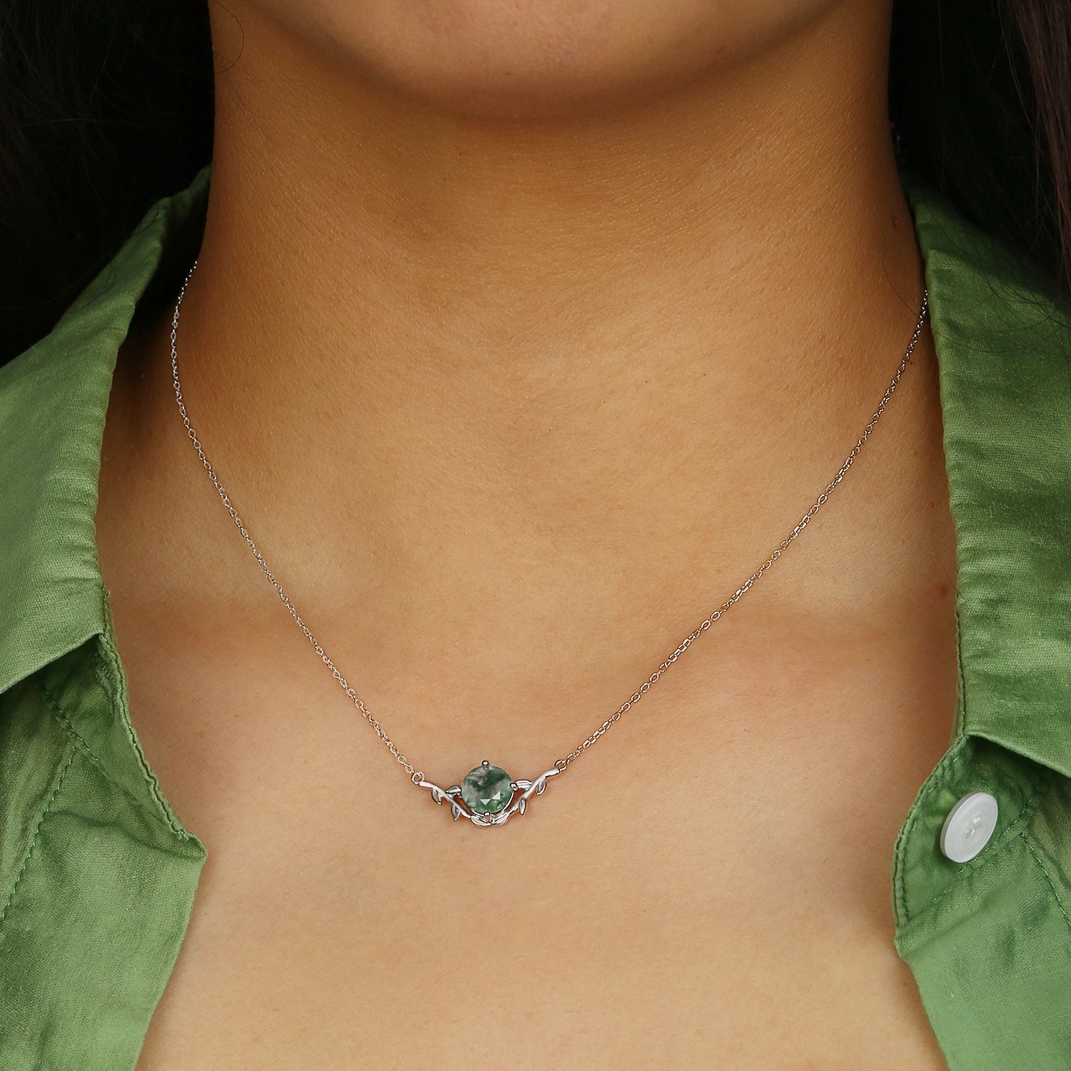 Weekend Brunch Natural Inspired Leafy Moss Agate Cute Round Necklace