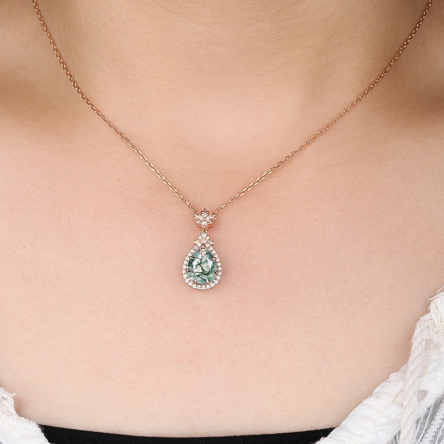 Natural Inspired Moss Agate Pear Halo Necklace - Tara Great Accessory Youth Accent