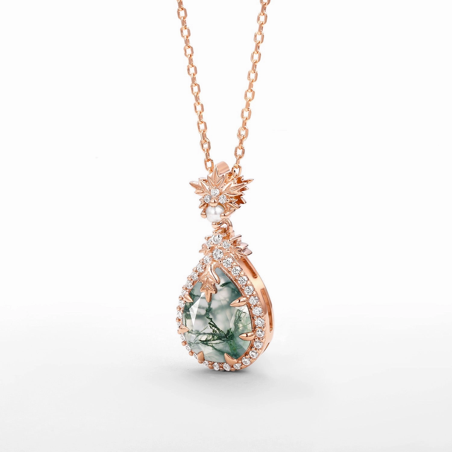 Travel Gift Conscious Piece Natural Inspired Moss Agate Pear Halo Necklace - Tara