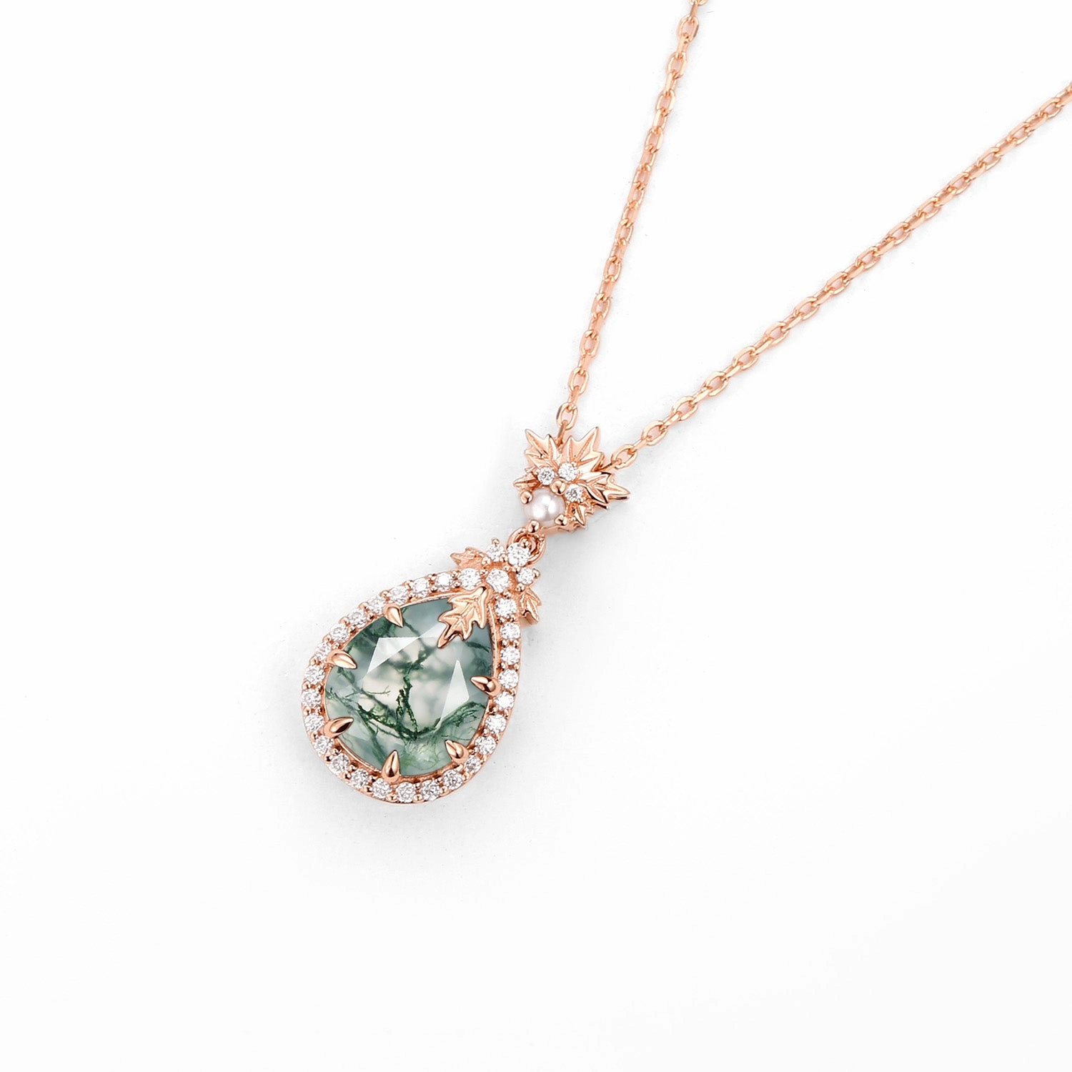 Natural Inspired Moss Agate Pear Halo Necklace - Tara Elegant Gift Magnificent Ornament