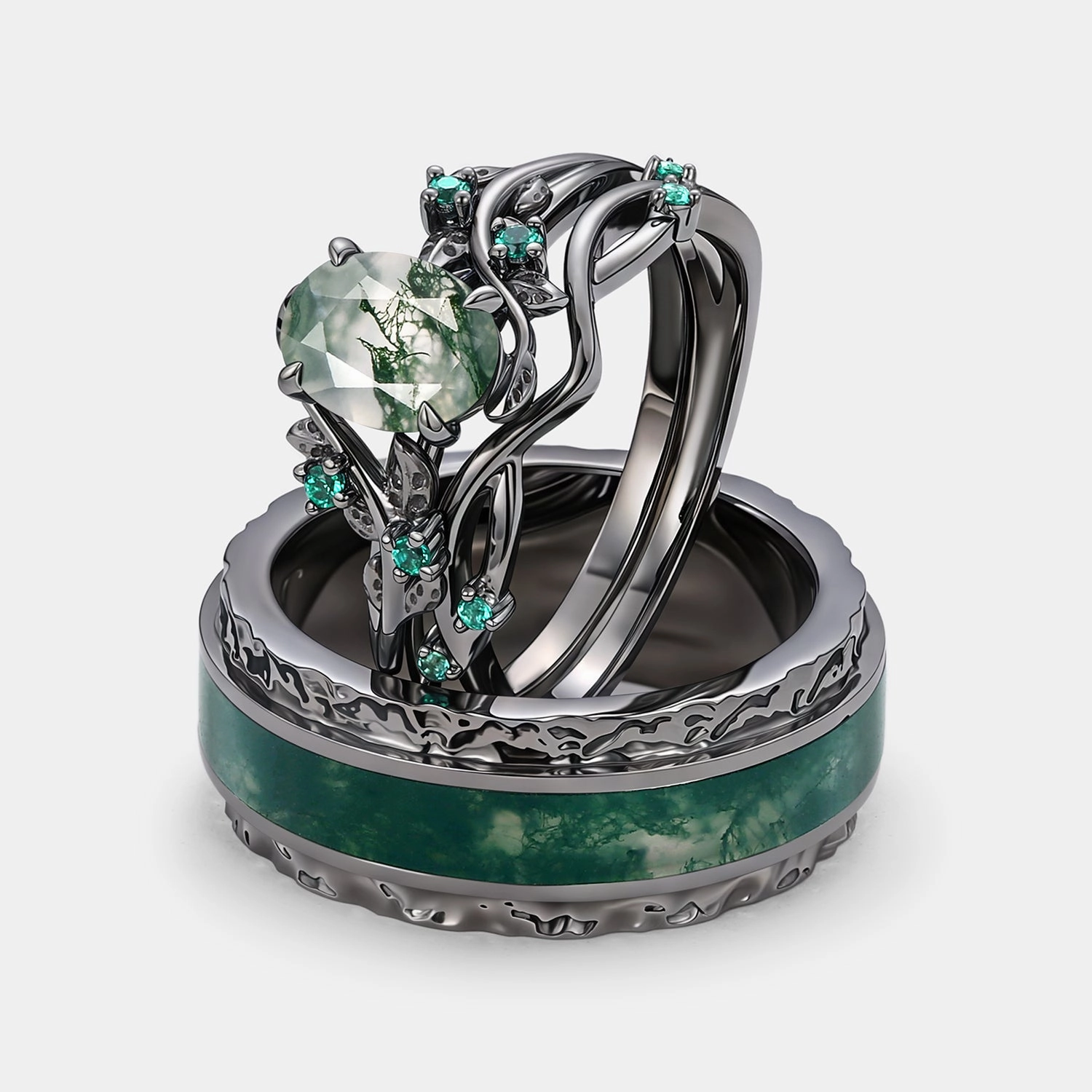 Nature Inspired - Black Gold Oval Moss Agate Leafy Couple Ring Set 3pcs - Mossy Seasonal Gift spring fashion