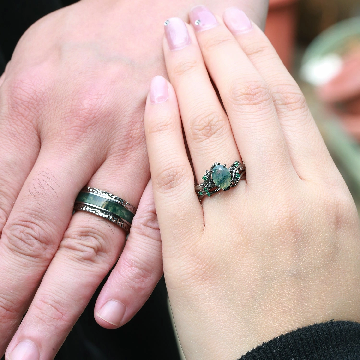 Fashion Trend Nature Inspired - Black Gold Oval Moss Agate Leafy Couple Ring Set 3pcs - Mossy