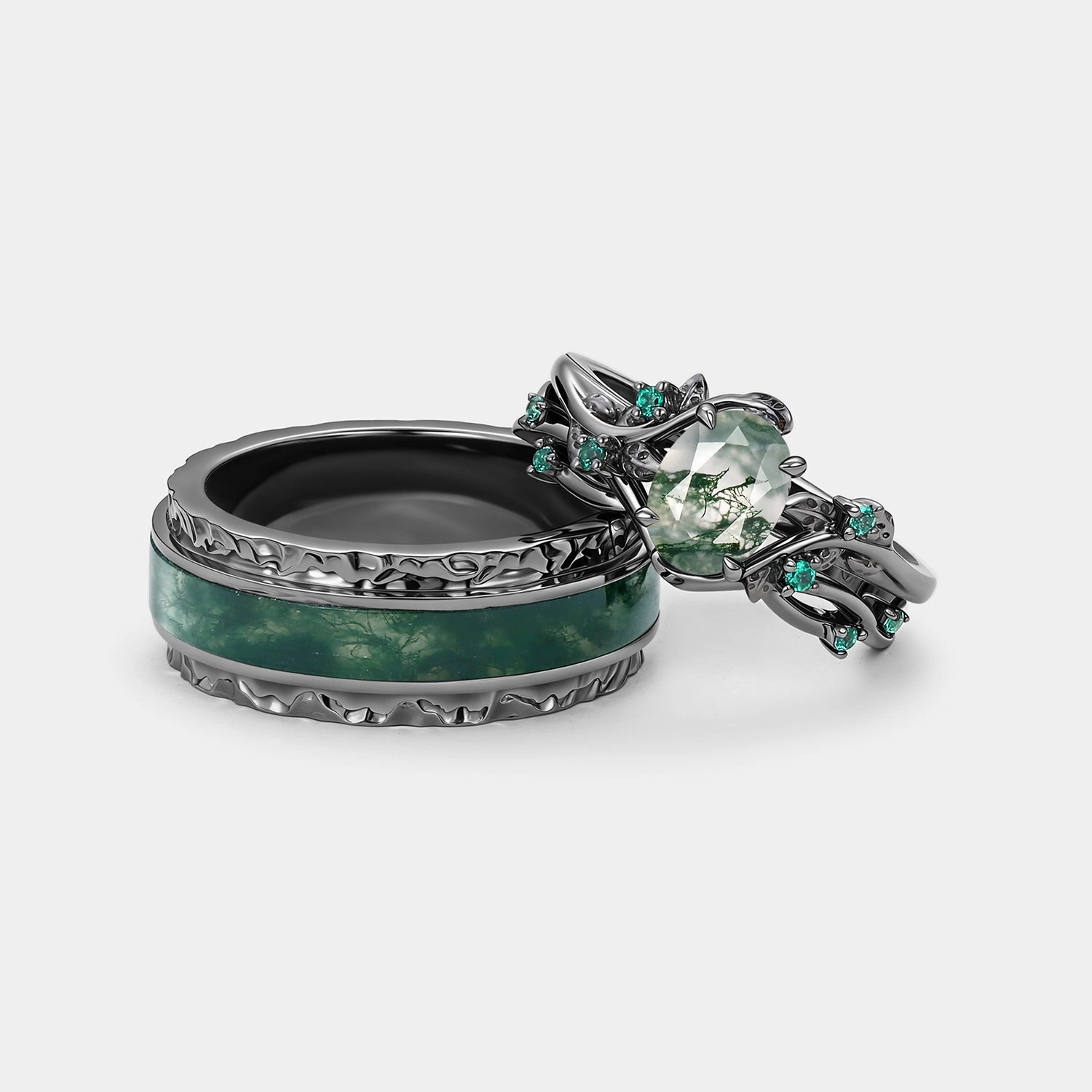 Simple Style Nature Inspired - Black Gold Oval Moss Agate Leafy Couple Ring Set 3pcs - Mossy