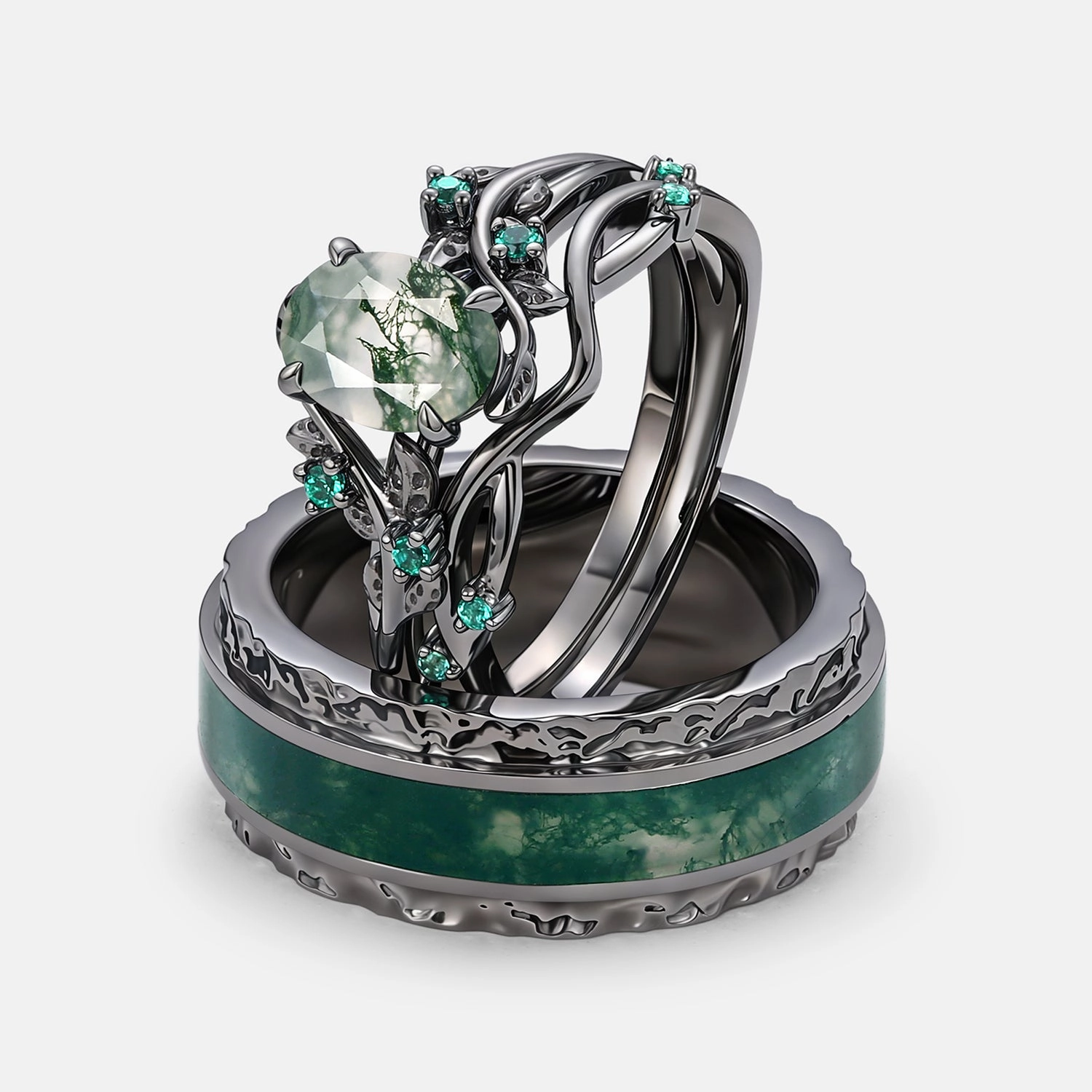Joyful Gift Value Expression Nature Inspired - Black Gold Oval Moss Agate Leafy Couple Ring Set 3pcs - Mossy