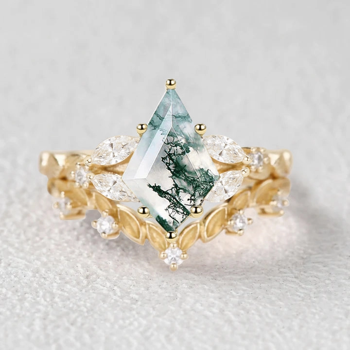 Nature Inspired - Kite Cut Moss Agate Leafy Engagement Ring Set 2pcs Fashion Collection