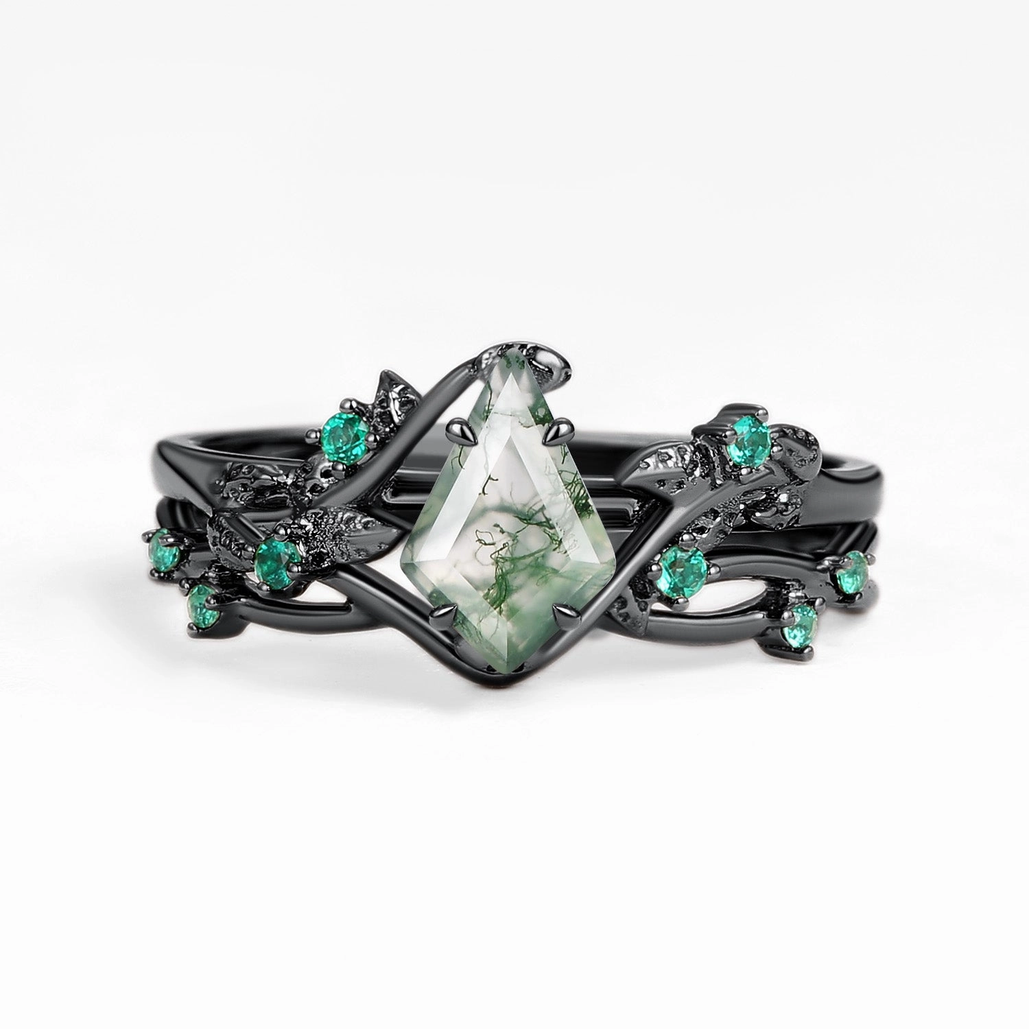 Nature Inspired - Kite Shaped Moss Agate Leafy Ring Set 2pcs - Mossy Dazzling Feature