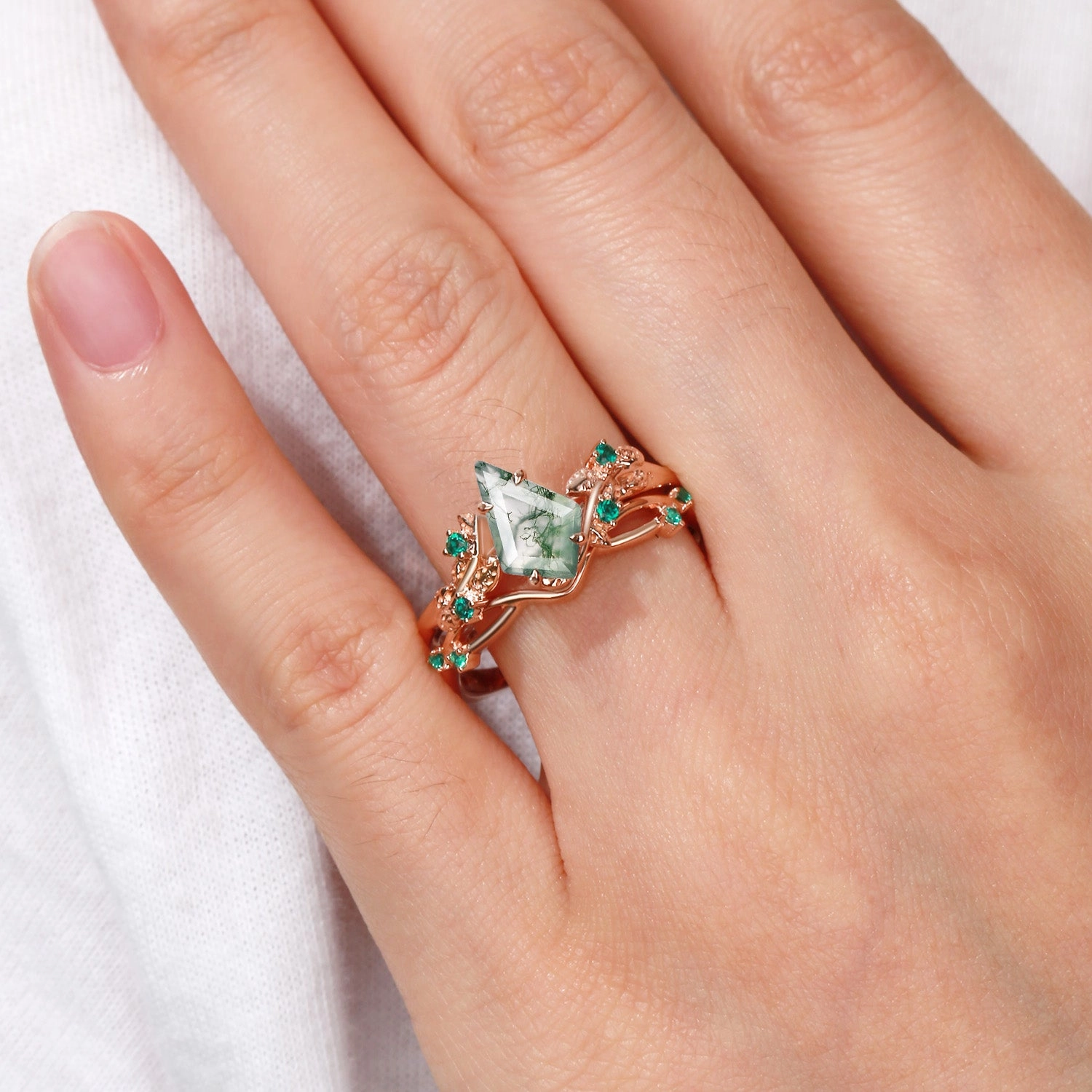 Celebrity Style Low-Cost Craft Nature Inspired - Kite Shaped Moss Agate Leafy Ring Set 2pcs - Mossy