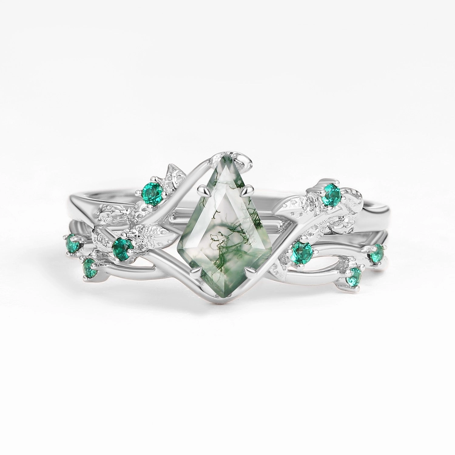 Golden Accent Unique Treasures Nature Inspired - Kite Shaped Moss Agate Leafy Ring Set 2pcs - Mossy