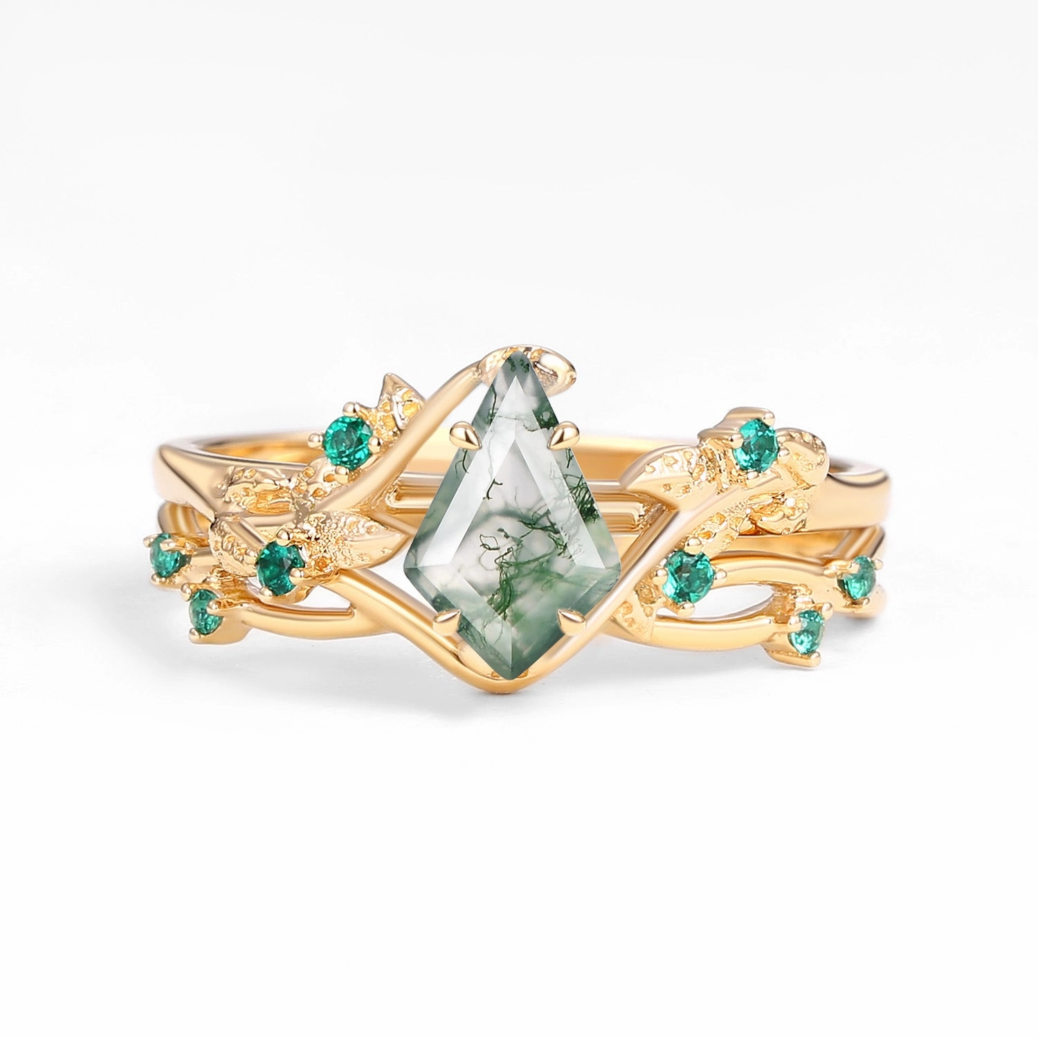 Quality Art Handcrafted Art Nature Inspired - Kite Shaped Moss Agate Leafy Ring Set 2pcs - Mossy