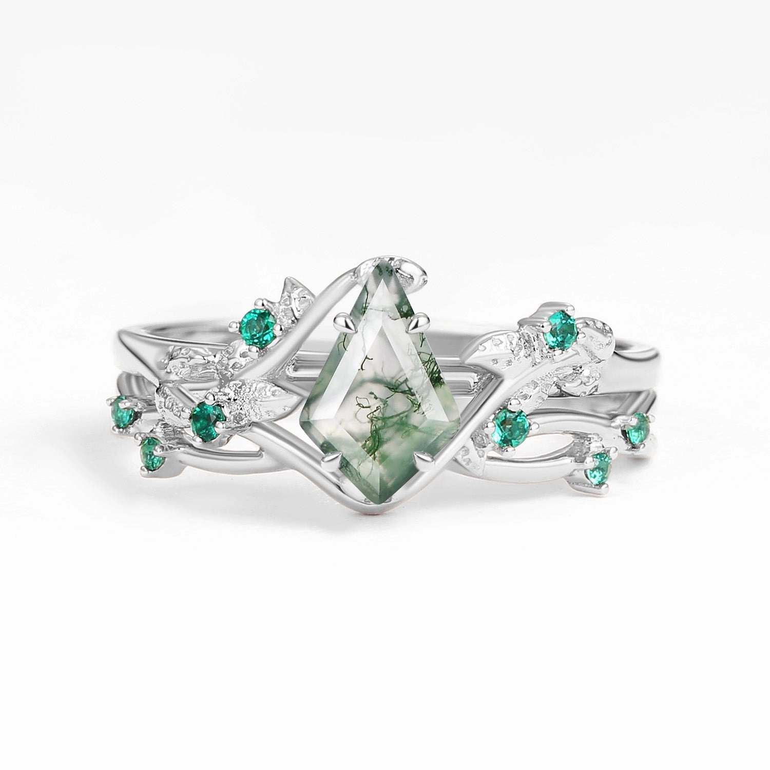 Soft Glow Nature Inspired - Kite Shaped Moss Agate Leafy Ring Set 2pcs - Mossy