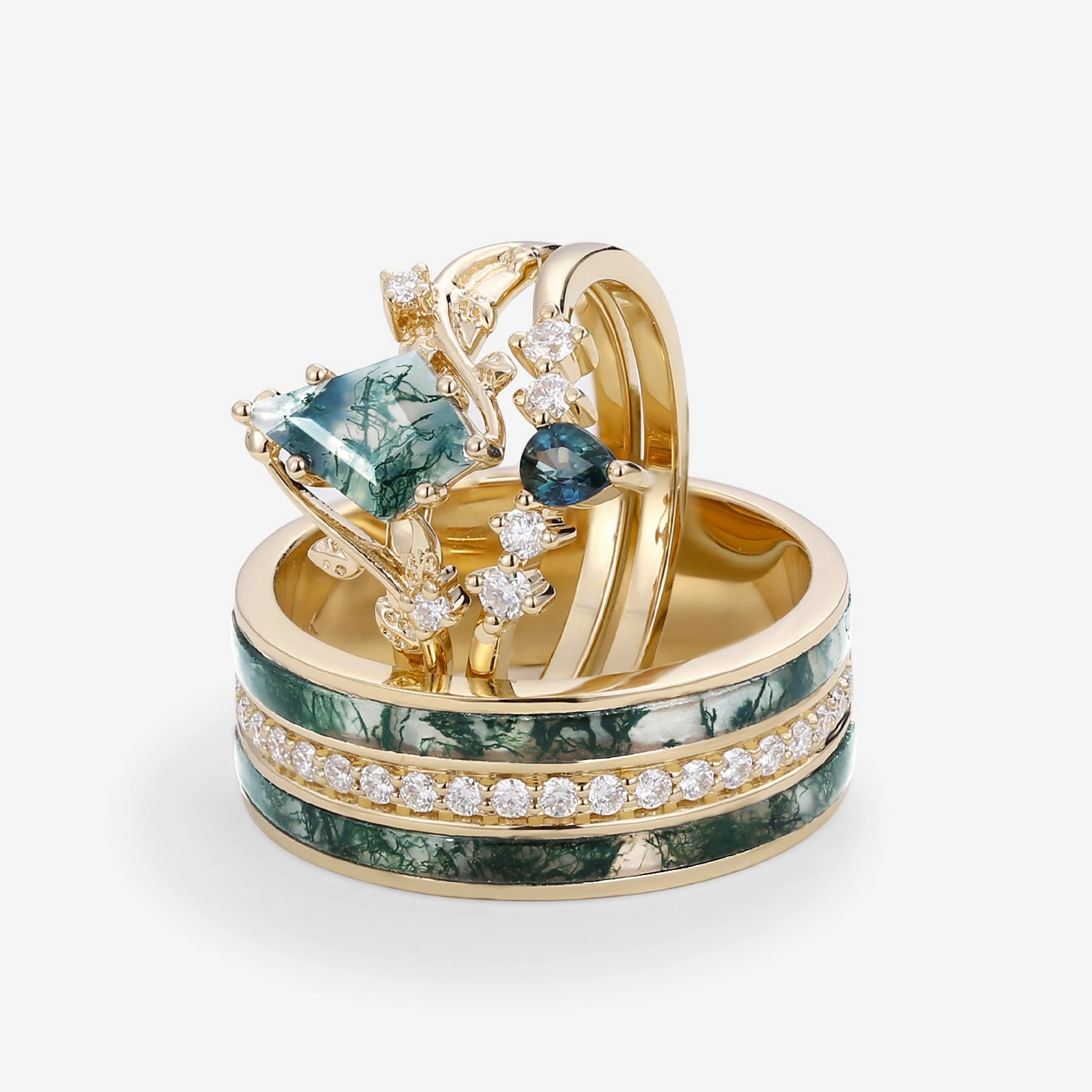 Comfortable Work Collectible Jewelry Nature Inspired - Moss Agate & Teal Sapphire Leafy Couple Ring Set 3pcs - Willow