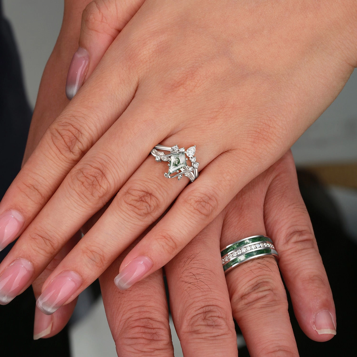 Polished Geometry Brilliant Decoration Nature Inspired - Moss Agate & Teal Sapphire Leafy Couple Ring Set 3pcs - Willow