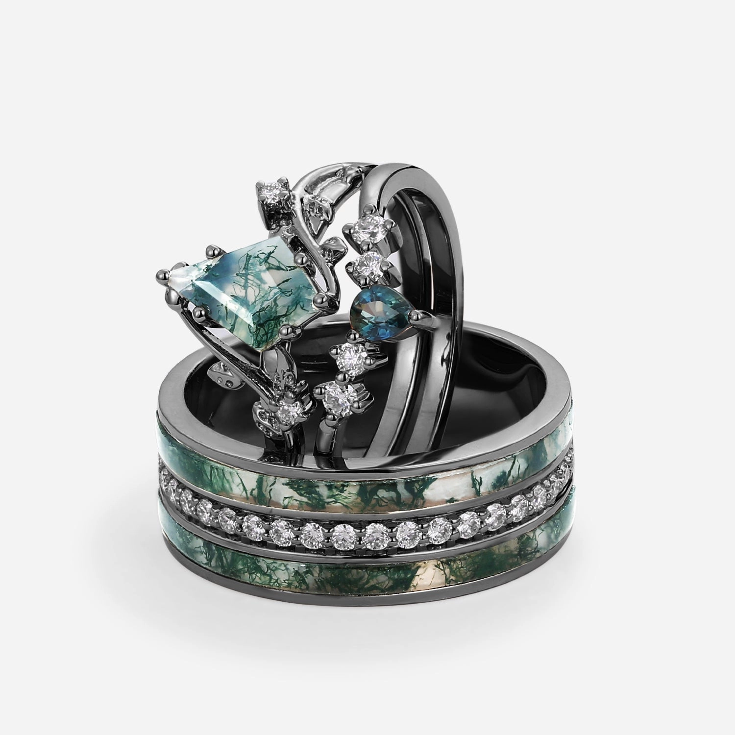 Nature Inspired - Moss Agate & Teal Sapphire Leafy Couple Ring Set 3pcs - Willow Modern Harmony Sentimental Accessory