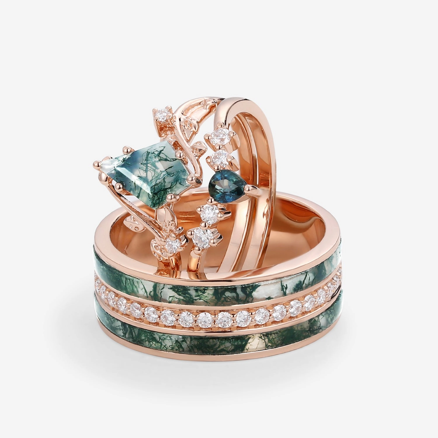 Nature Inspired - Moss Agate & Teal Sapphire Leafy Couple Ring Set 3pcs - Willow Lively Spirit