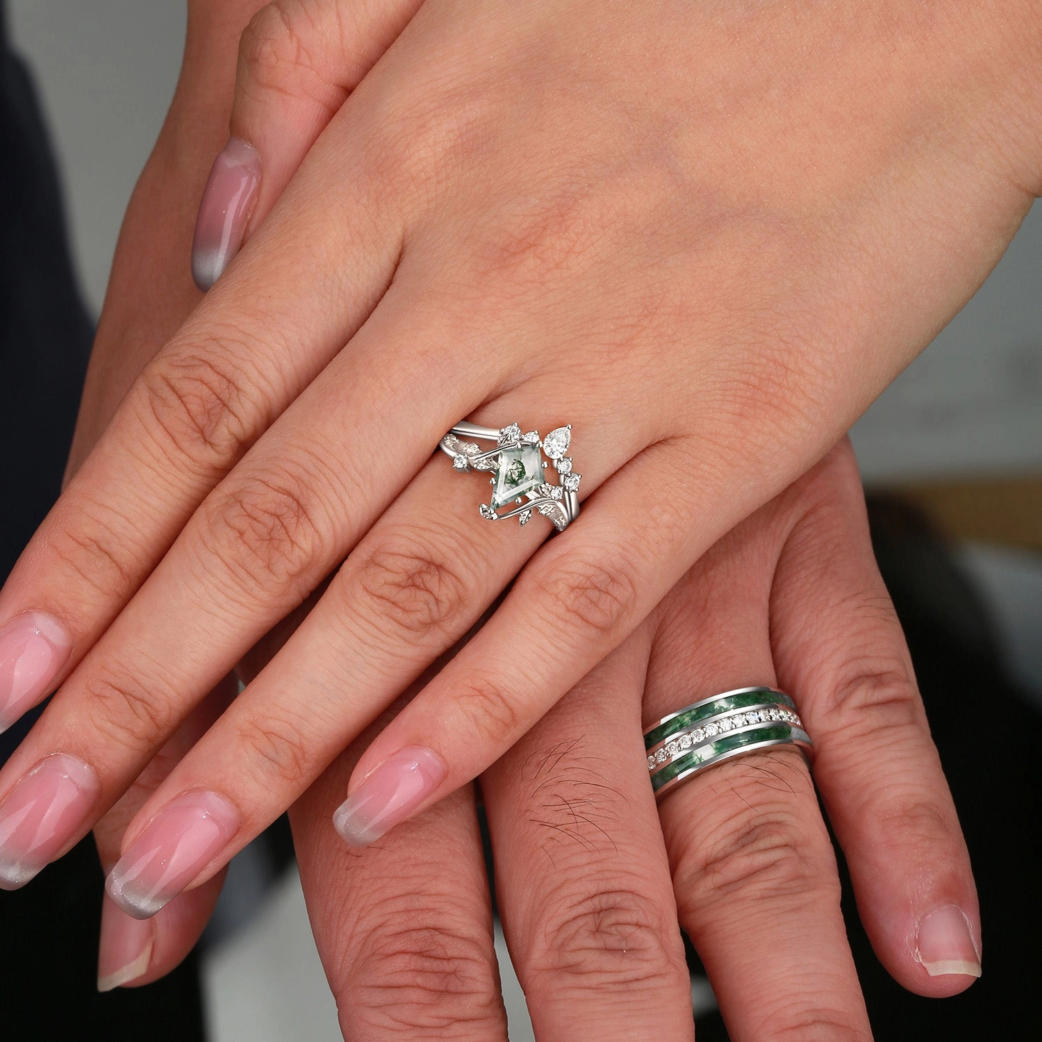 Nature Inspired - Moss Agate & Teal Sapphire Leafy Couple Ring Set 3pcs - Willow Stylish Item Prototype Model