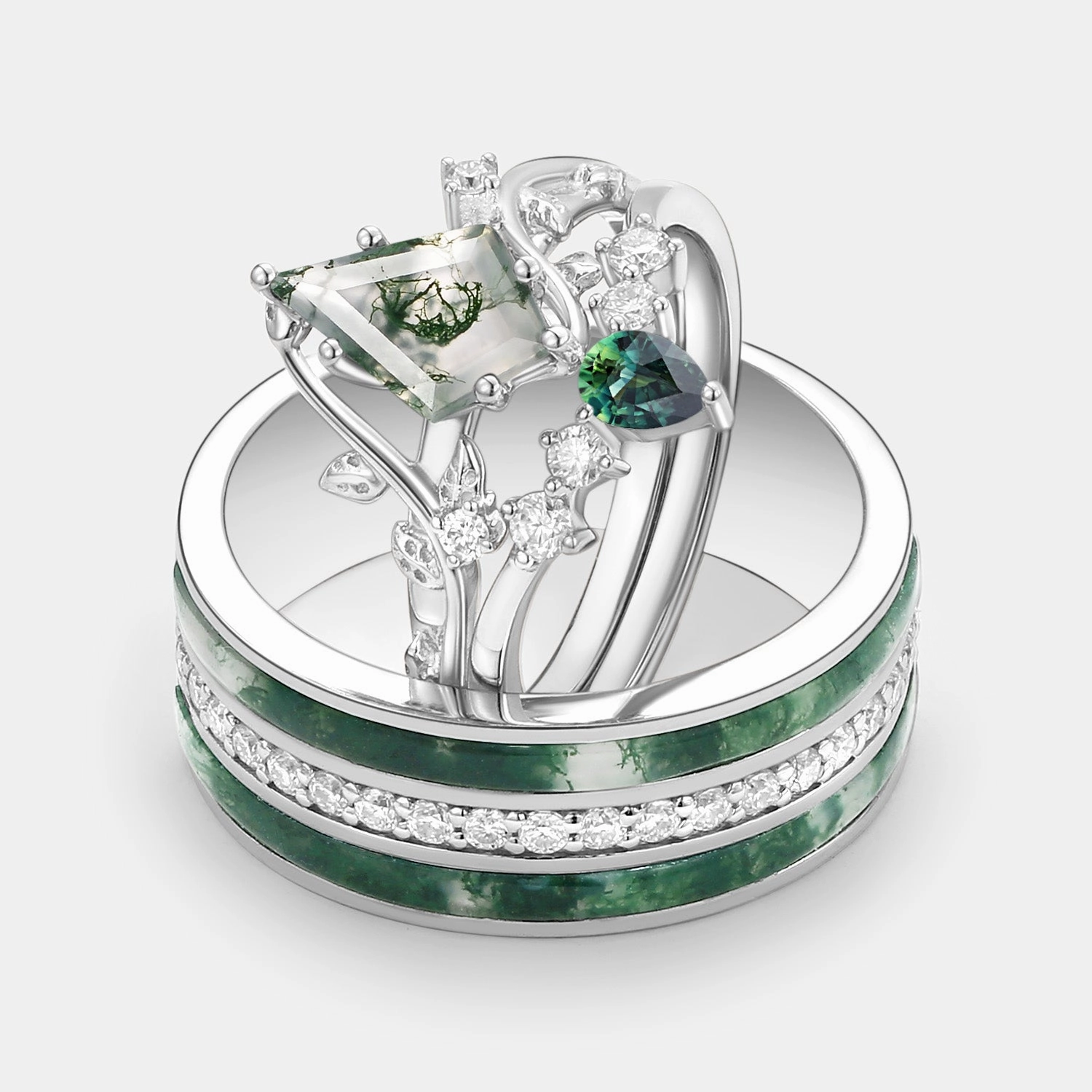 Nature Inspired - Moss Agate & Teal Sapphire Leafy Couple Ring Set 3pcs - Willow Elegant Gift Refined Harmony