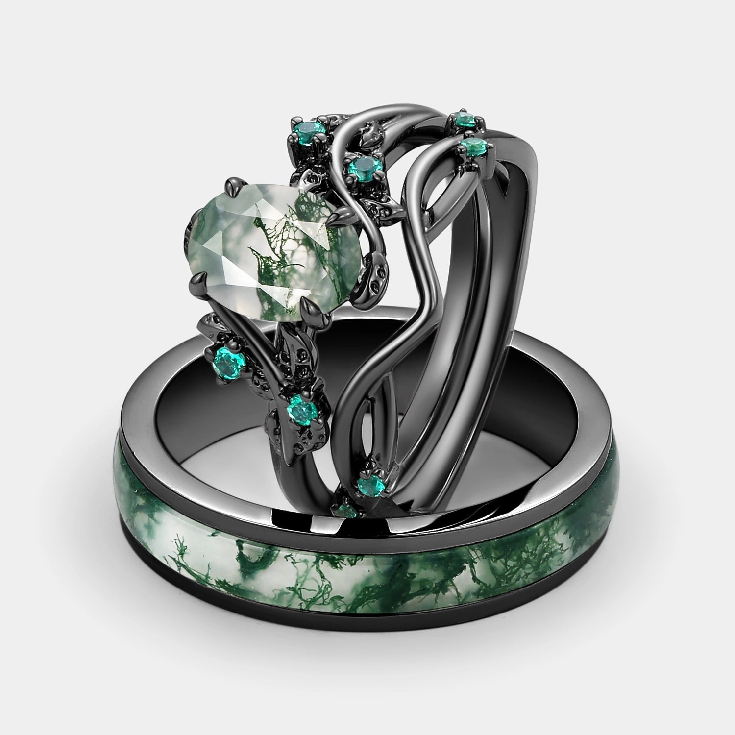 Nature Inspired - Oval Cut Moss Agate Leafy Black Gold Couple Ring Set 3pcs - Mossy Trendy Appearance