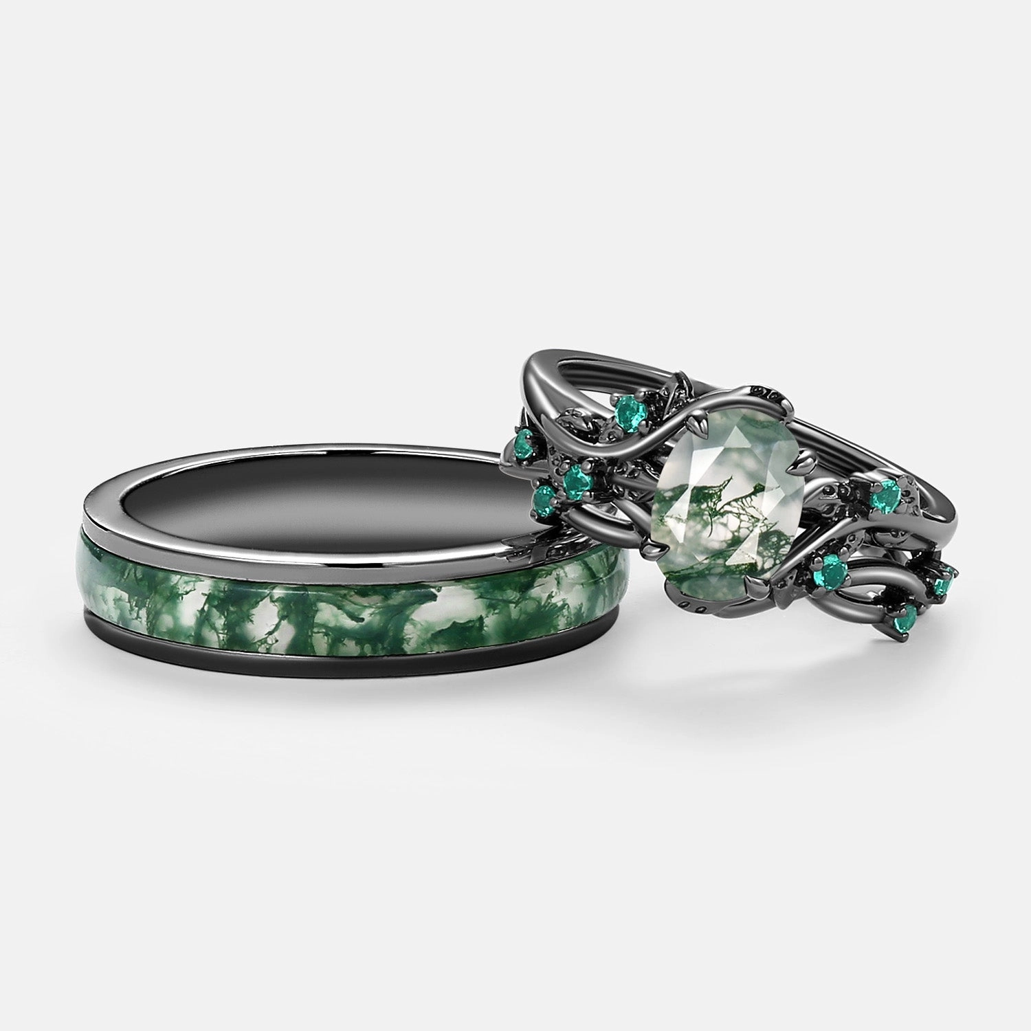 Nature Inspired - Oval Cut Moss Agate Leafy Black Gold Couple Ring Set 3pcs - Mossy Luxury Craftsmanship