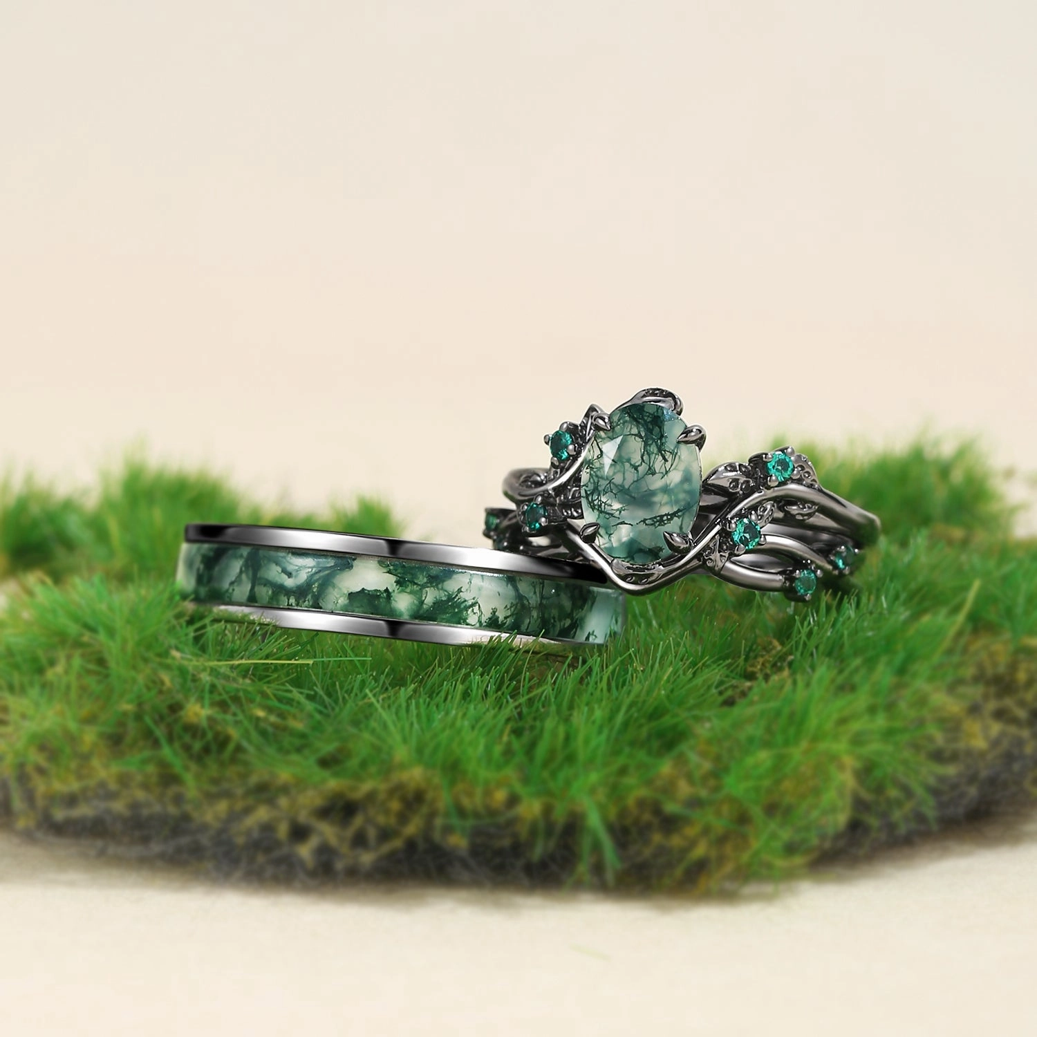 Fashion Flair Nature Inspired - Oval Cut Moss Agate Leafy Black Gold Couple Ring Set 3pcs - Mossy